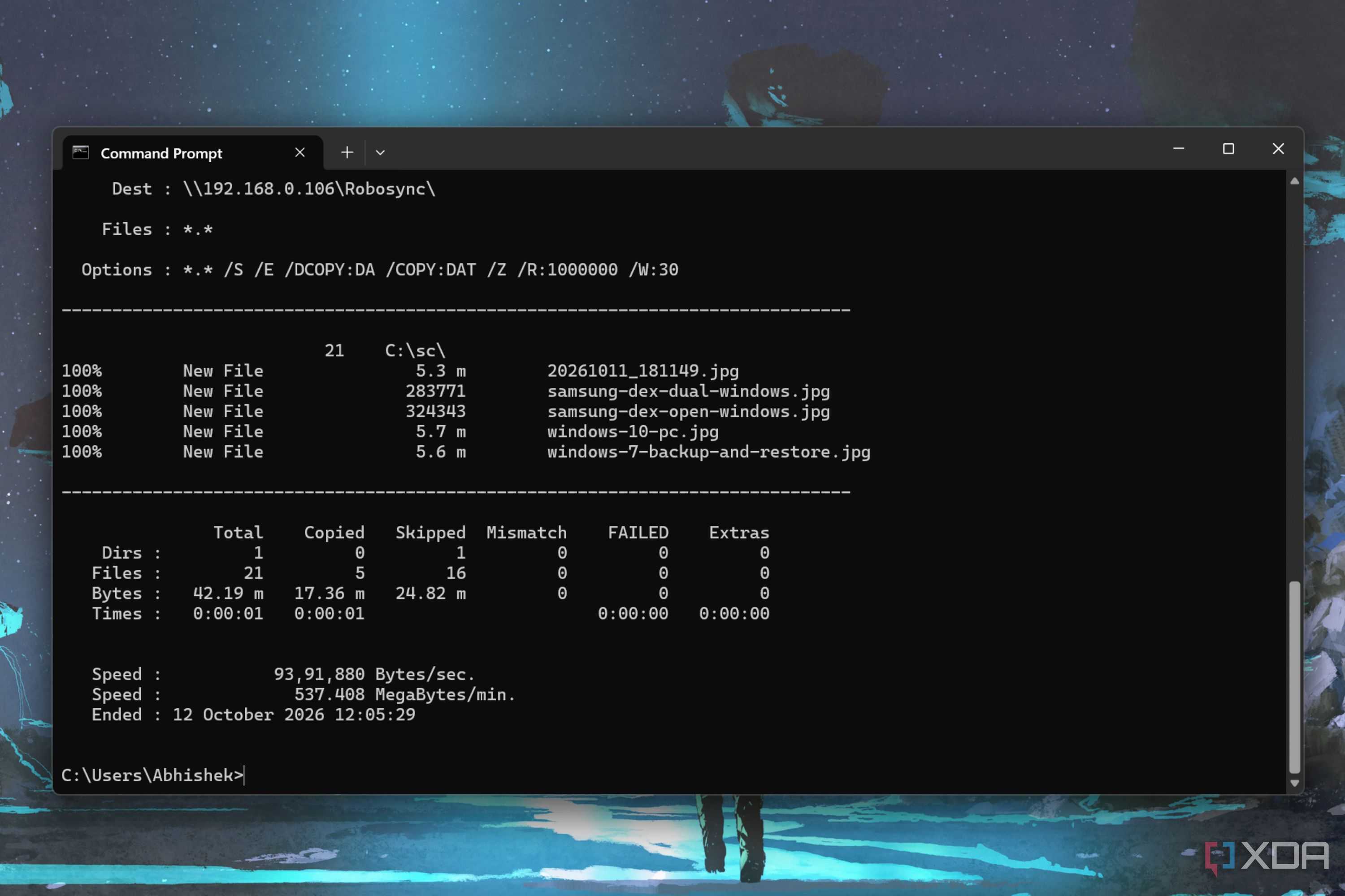 screenshot of robocopy file copied