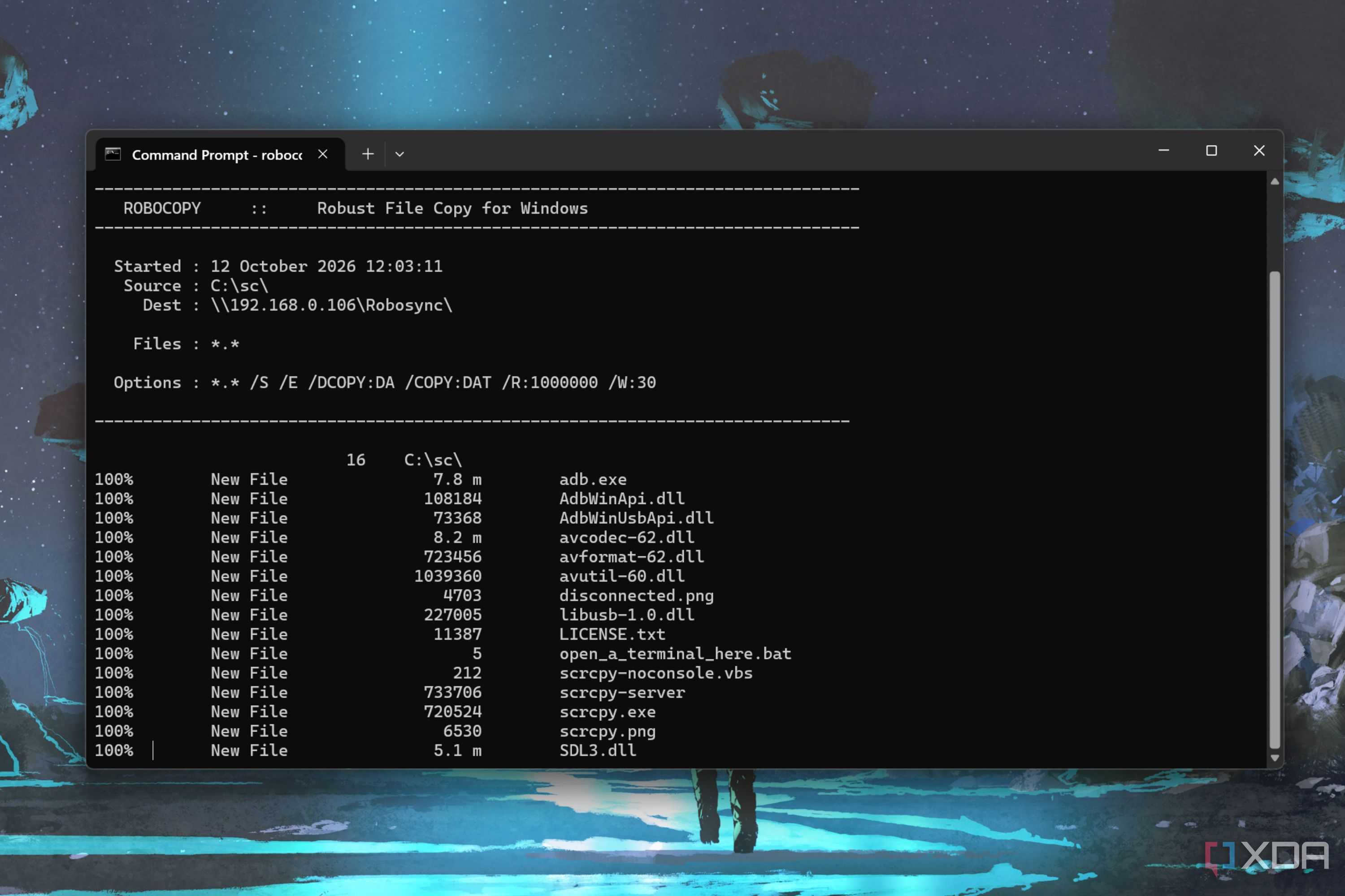 screenshot of robocopy file copy test
