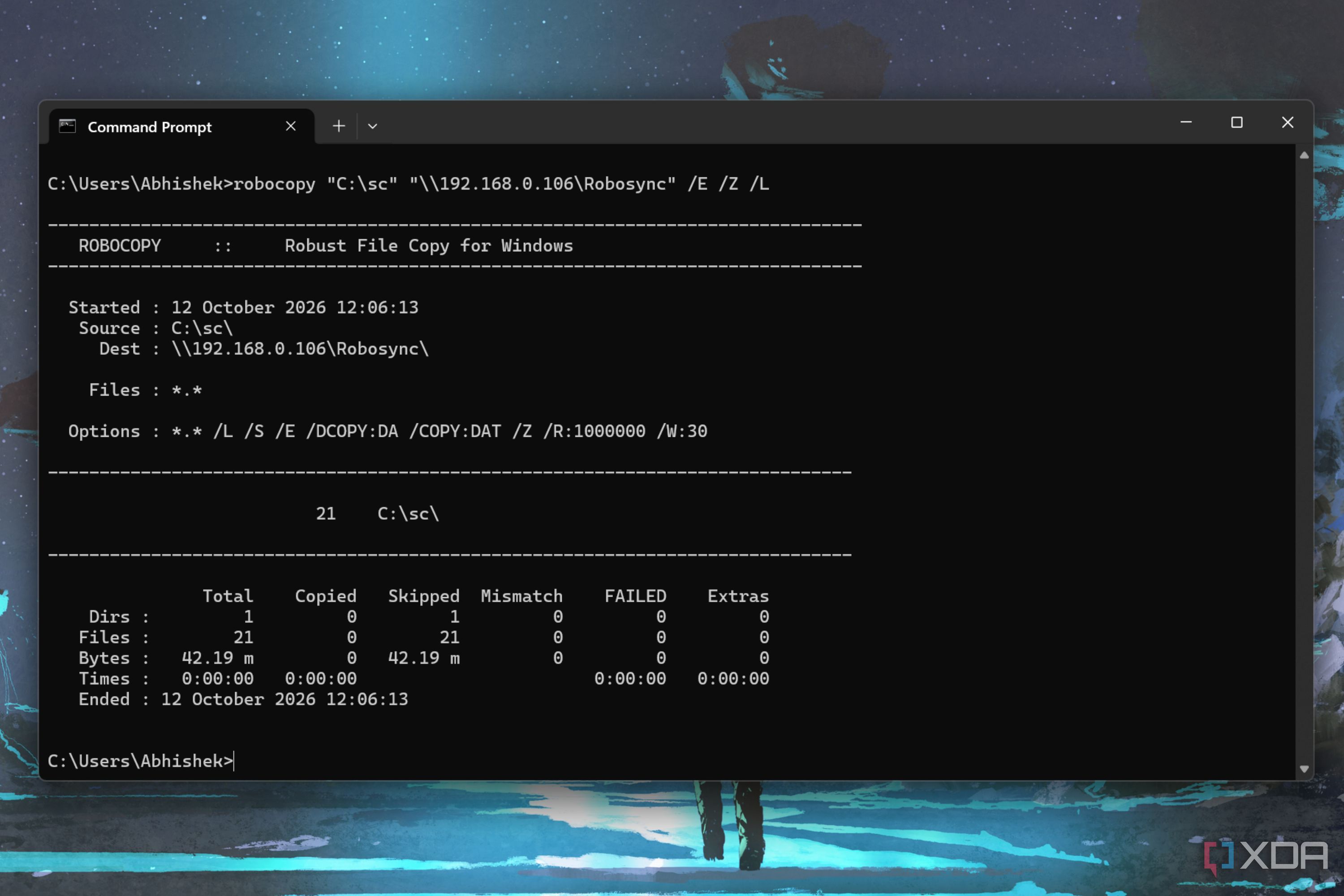screenshot of robocopy file dry run