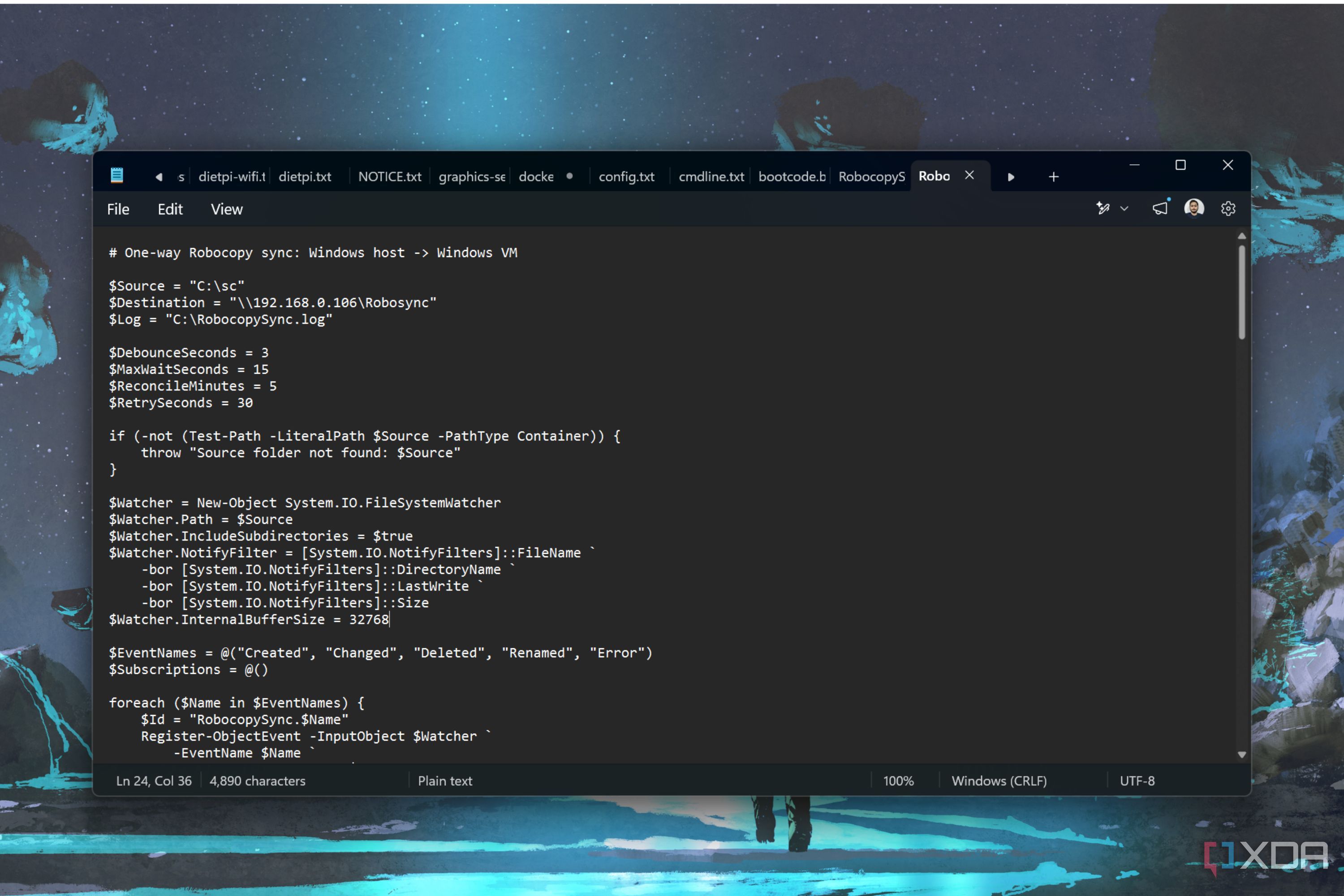 screenshot of robocopy file sync script