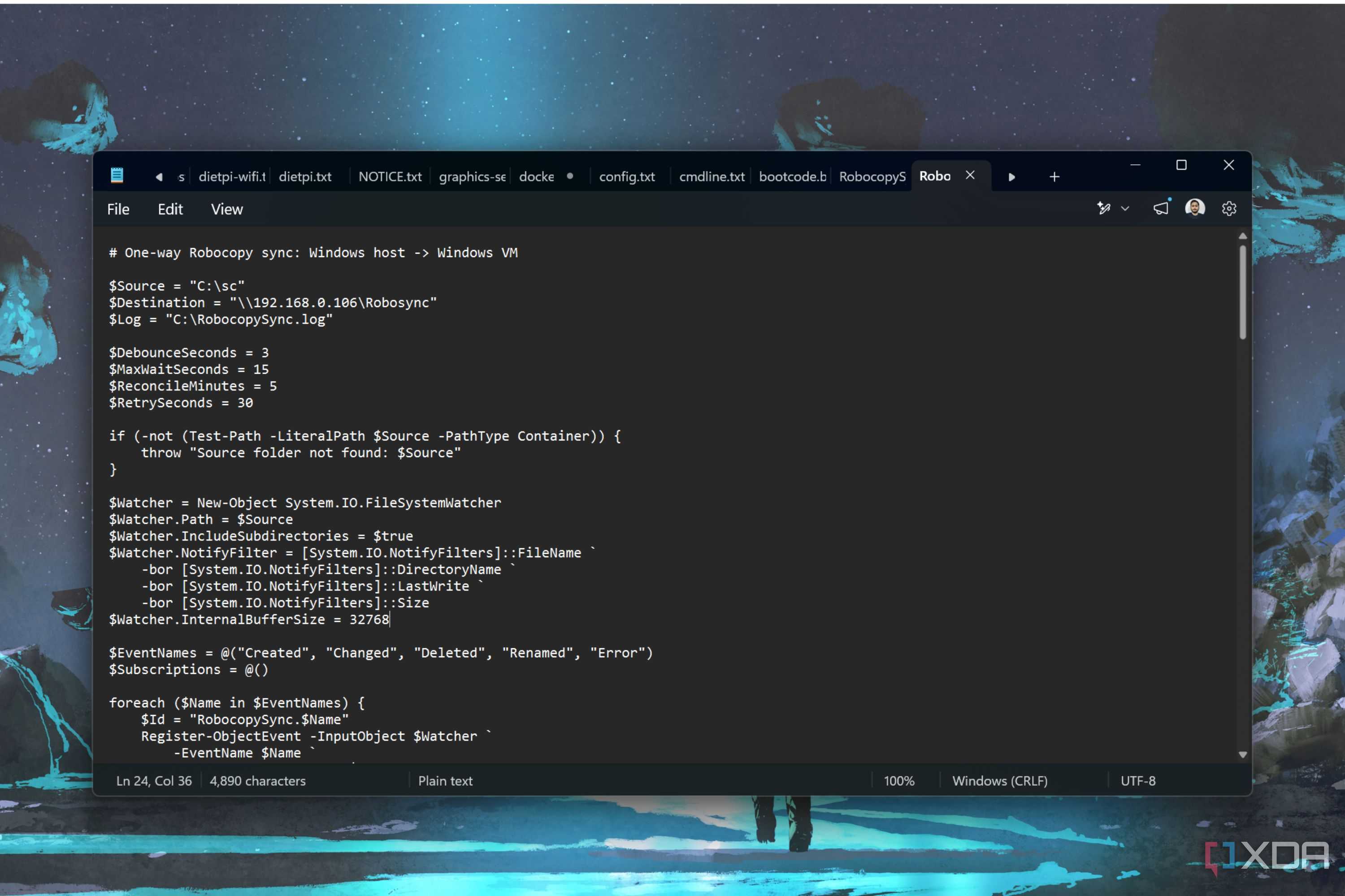 screenshot of robocopy file sync script