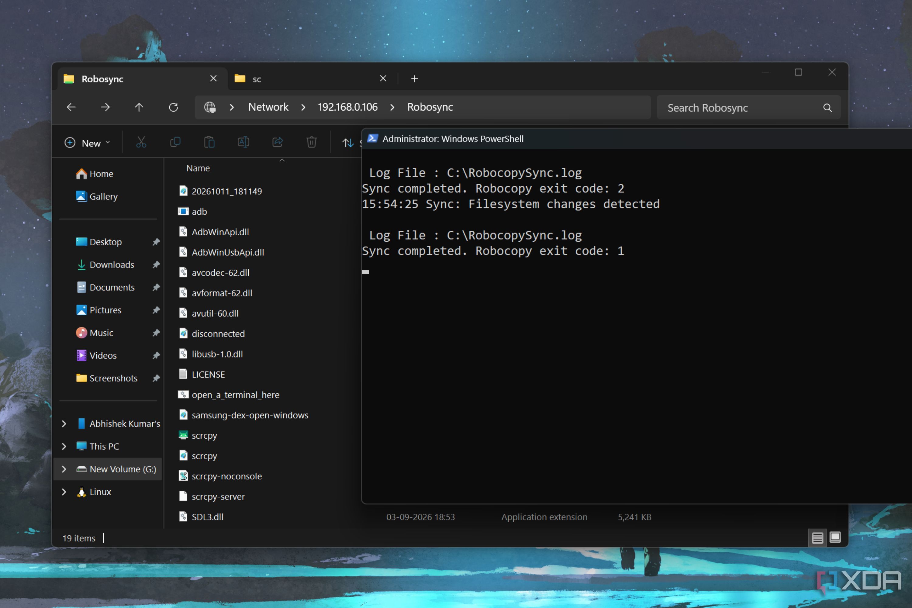 screenshot of robocopy script sync changes