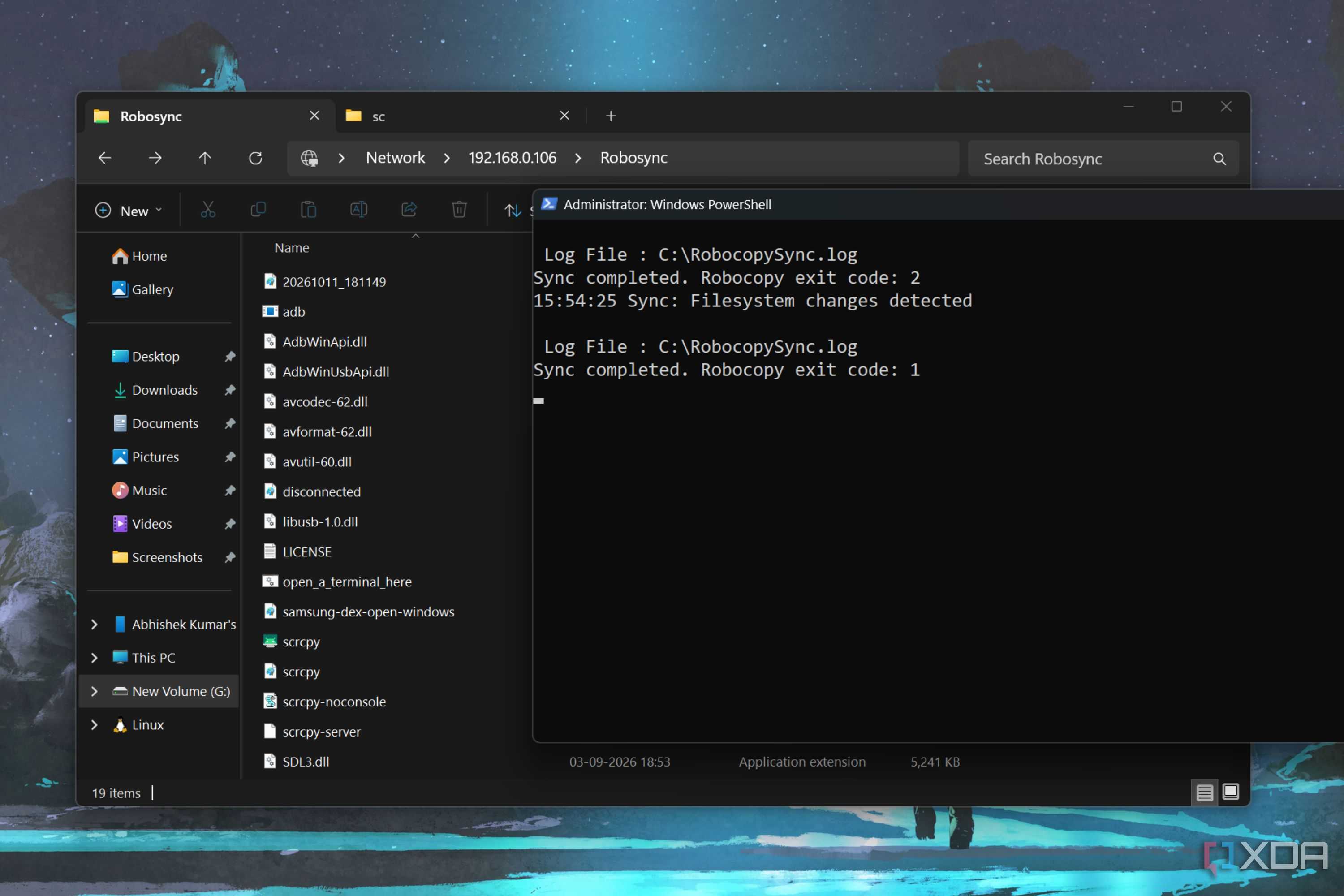 screenshot of robocopy script sync changes