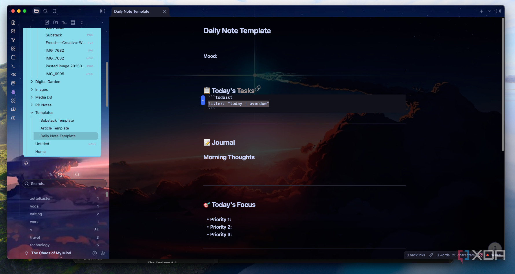 A daily note template built in Templater