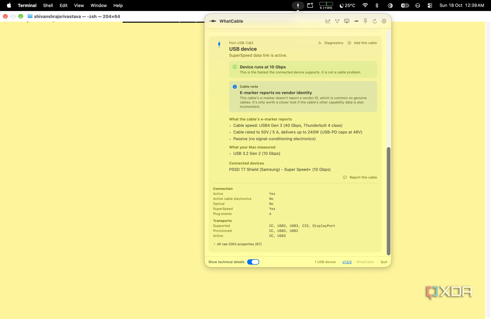 screenshot of whatcable showing the portronics flash c2 e marker claiming usb4 gen 3 at 40 gbps and 240w while the t7 shield runs at 10 gbps