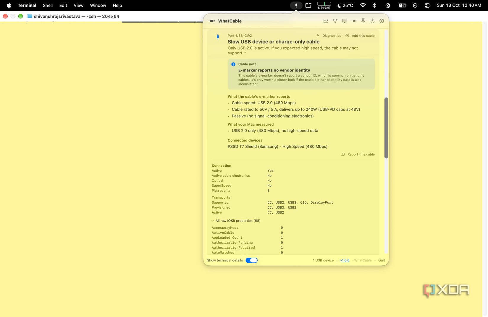 screenshot of whatcable showing the portronics konnect 240c e marker reporting usb 2.0 and 240w with the t7 shield connected at 480 mbps