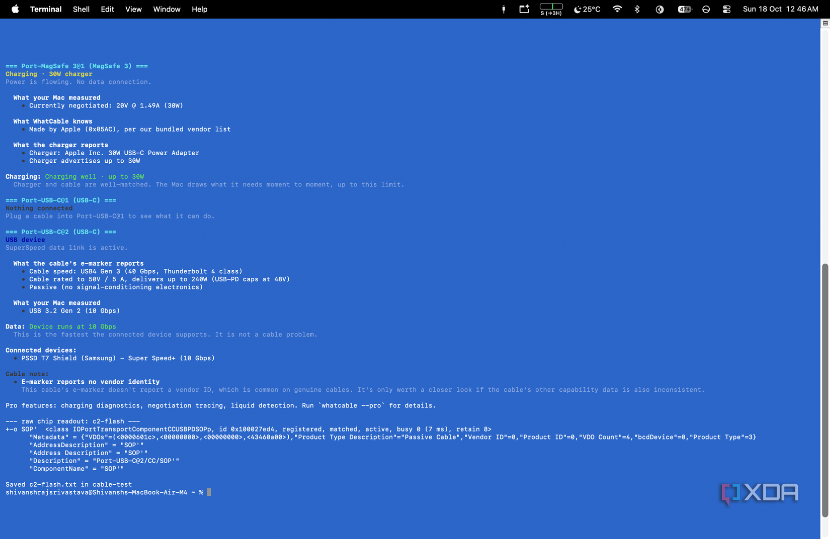 terminal showing the raw e marker values from the portronics flash c2 ending in 43460a00