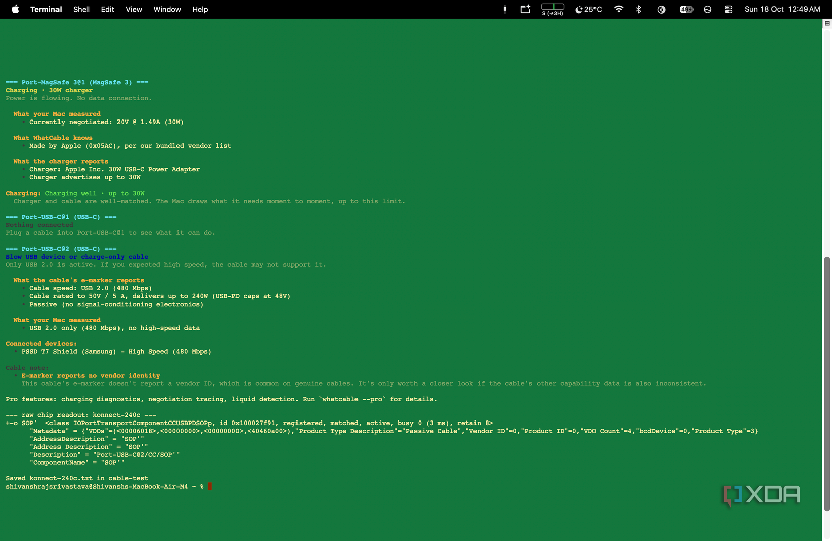 terminal showing the raw e marker values from the portronics konnect 240c ending in 40460a00