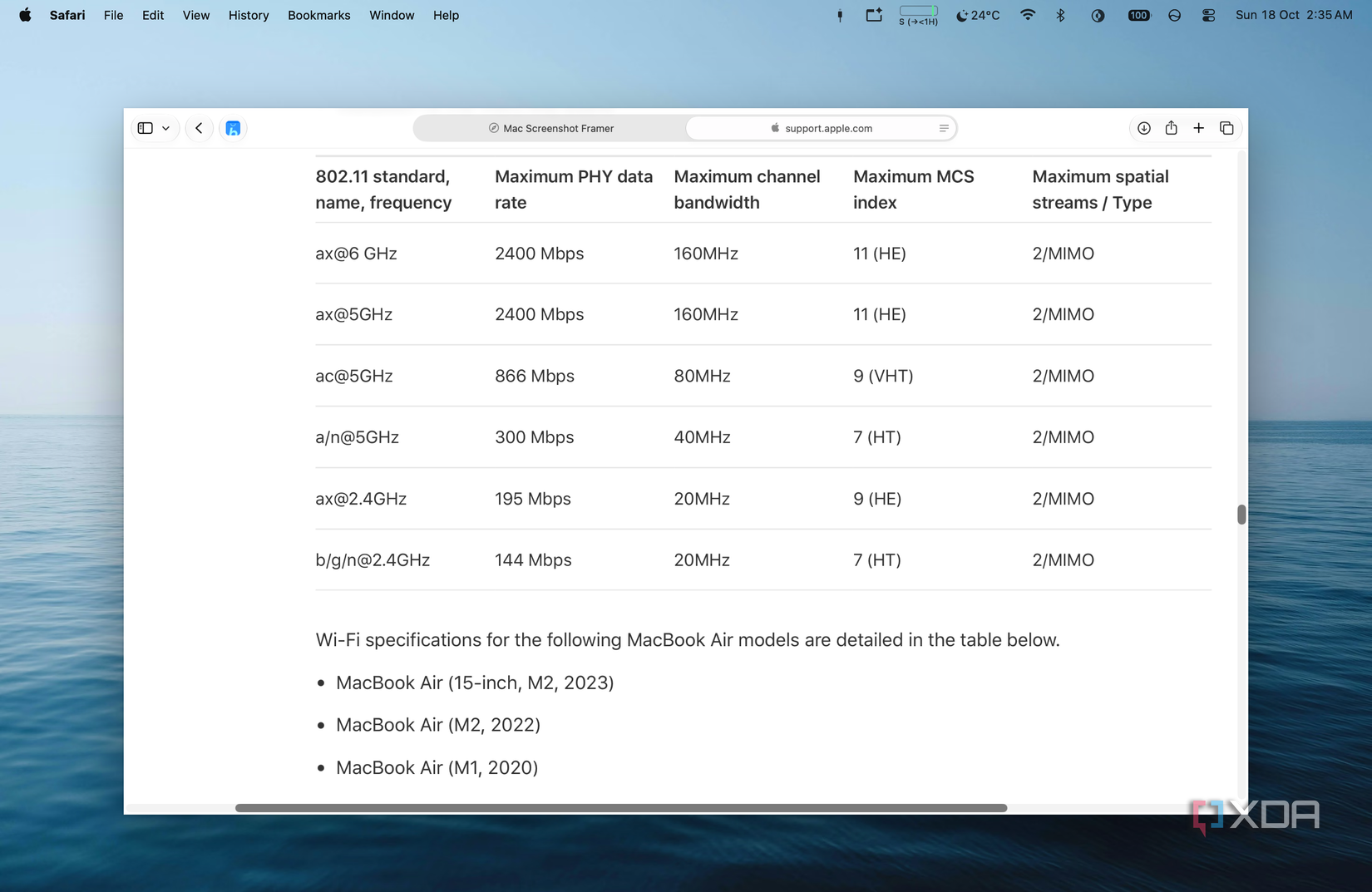 screenshot of apple wifi specifications table listing 1200 mbps at 80 mhz for macbook air m2