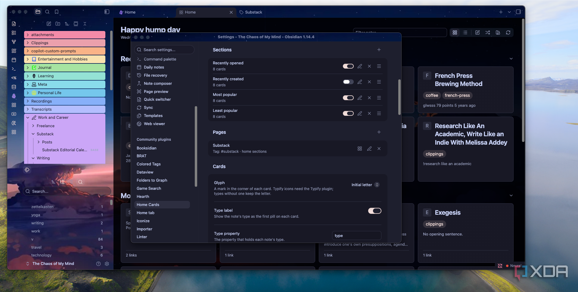 Home Cards settings menu