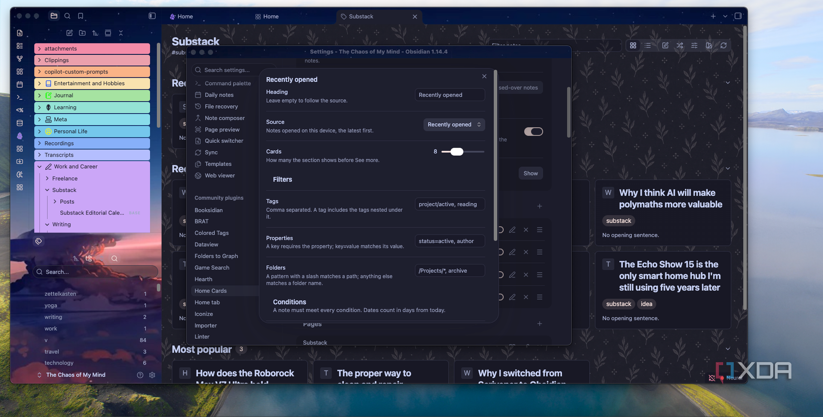 Home Cards Page settings menu