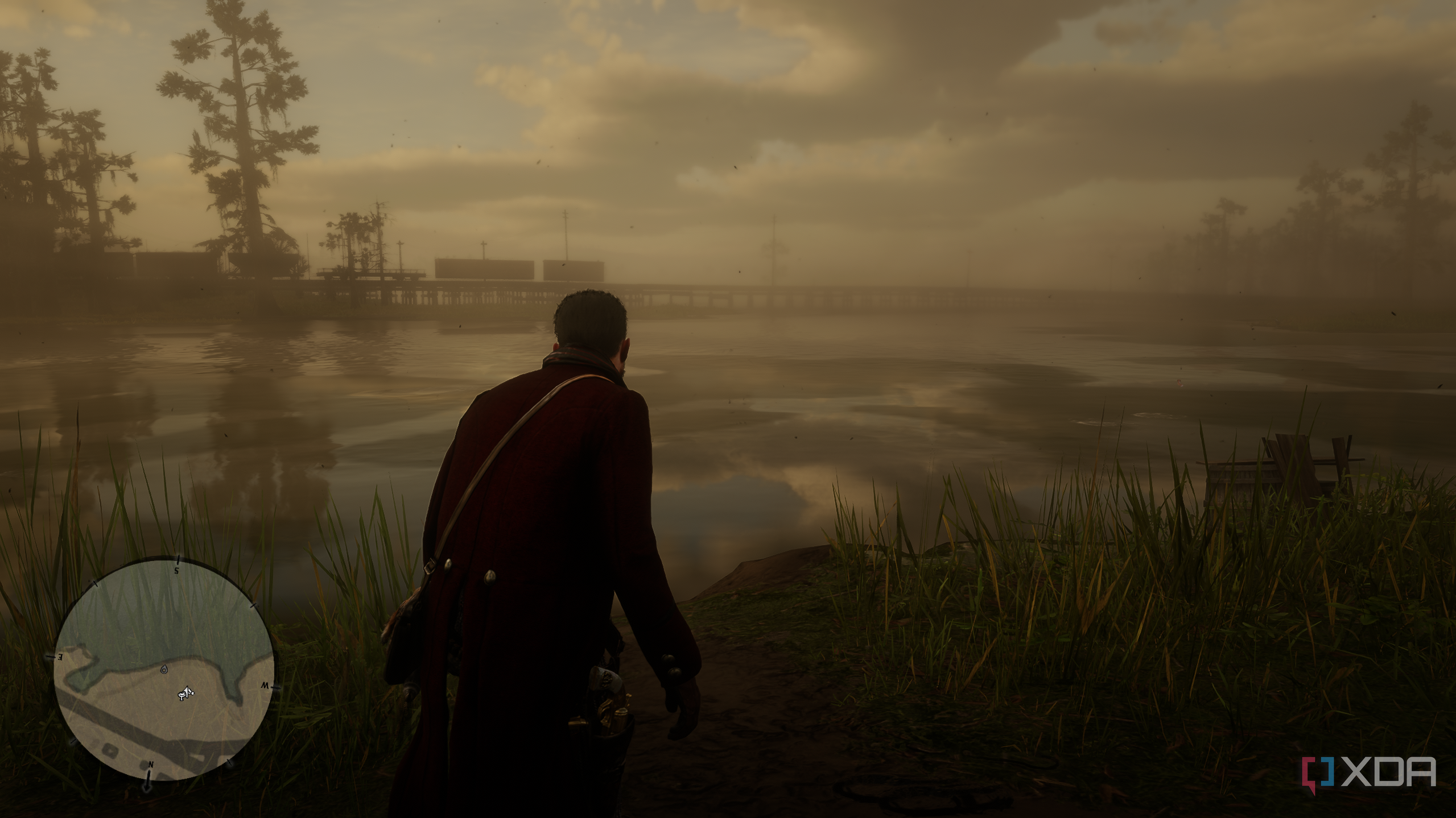 A gameplay screenshot from Red Dead Redemption 2 featuring low-level cumulus clouds.