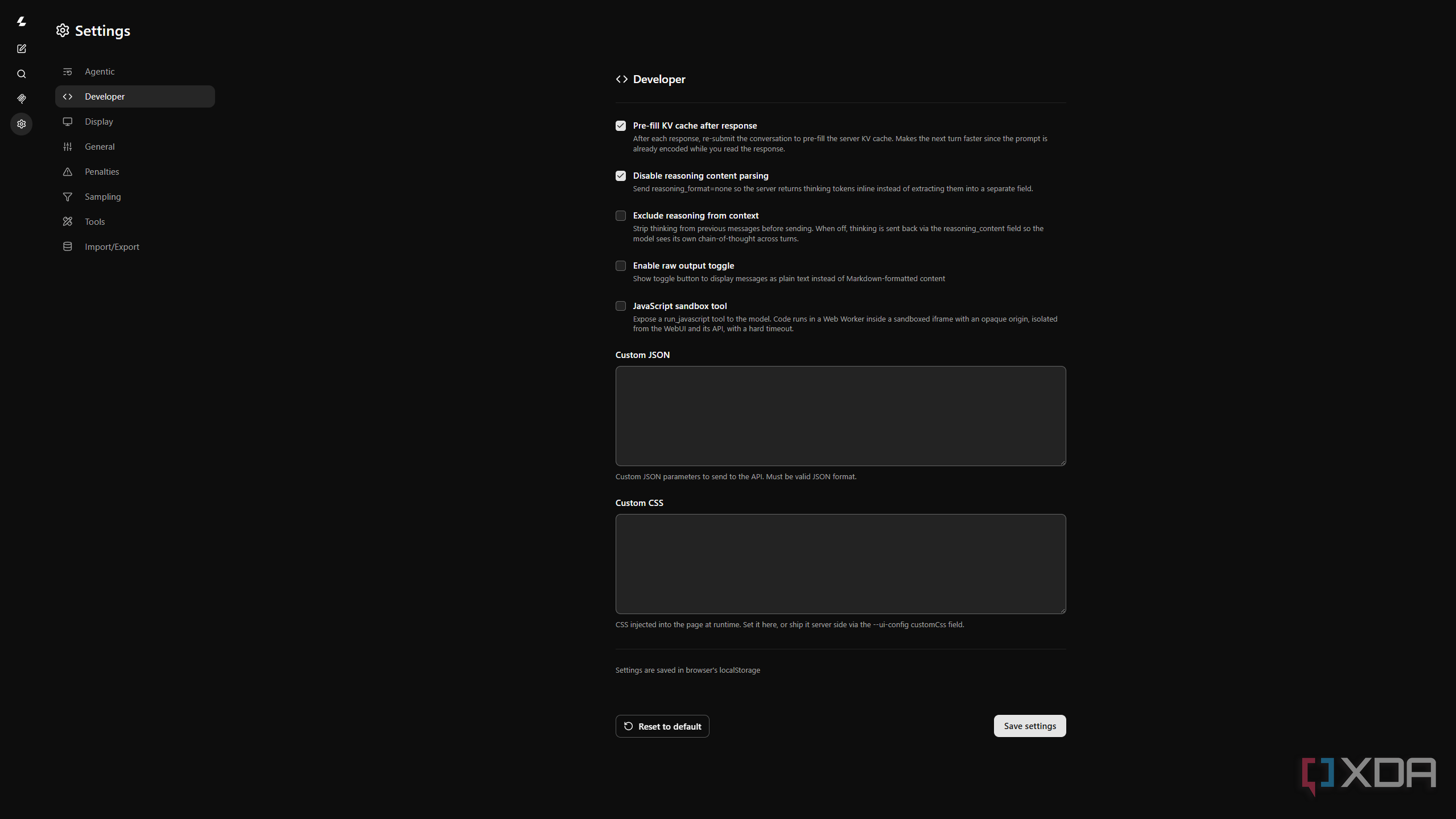 Various customizations offered by Llama cpp WebUI.
