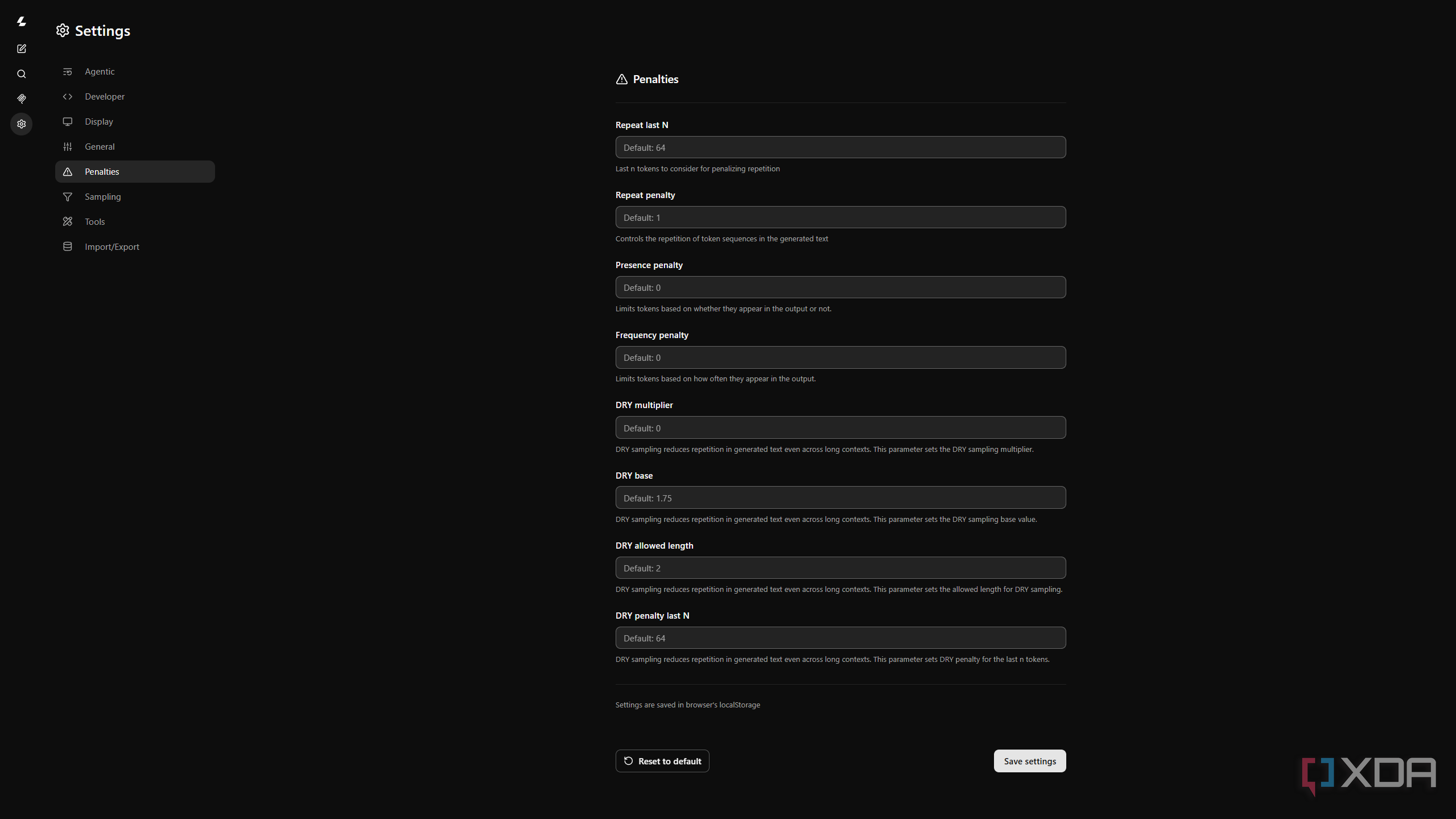 Various customizations offered by Llama cpp WebUI.