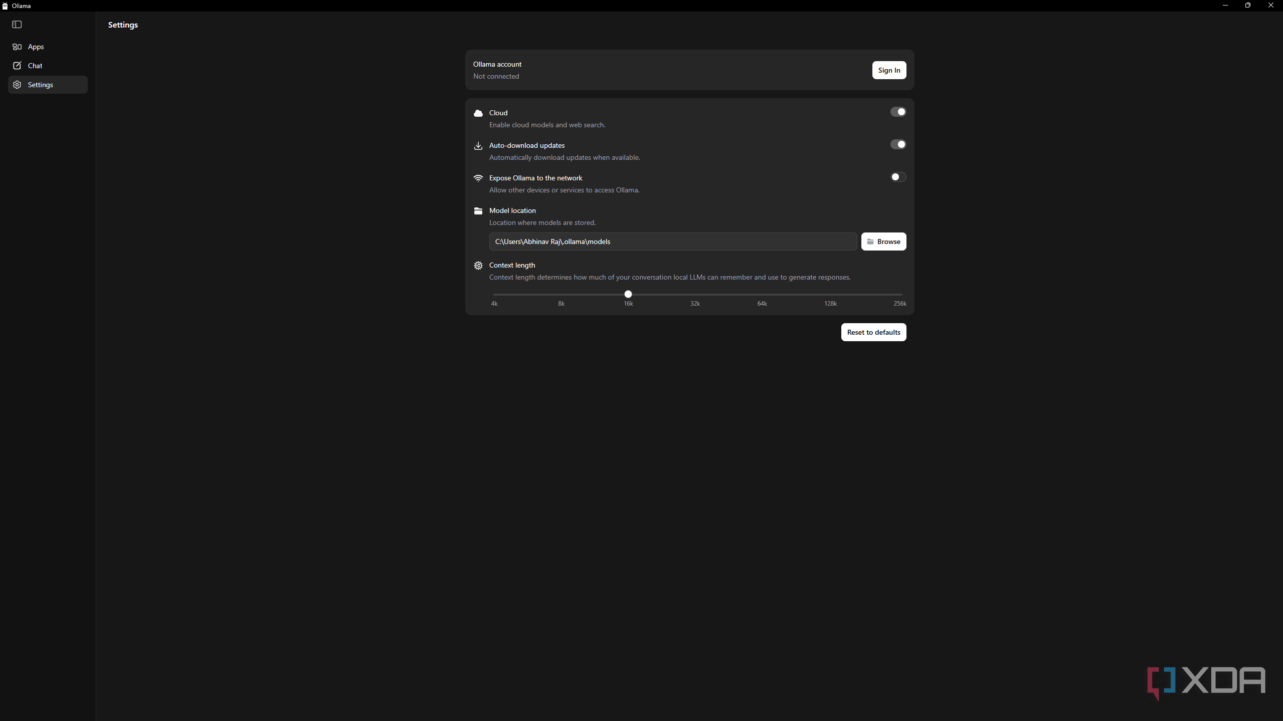 Settings on Ollama