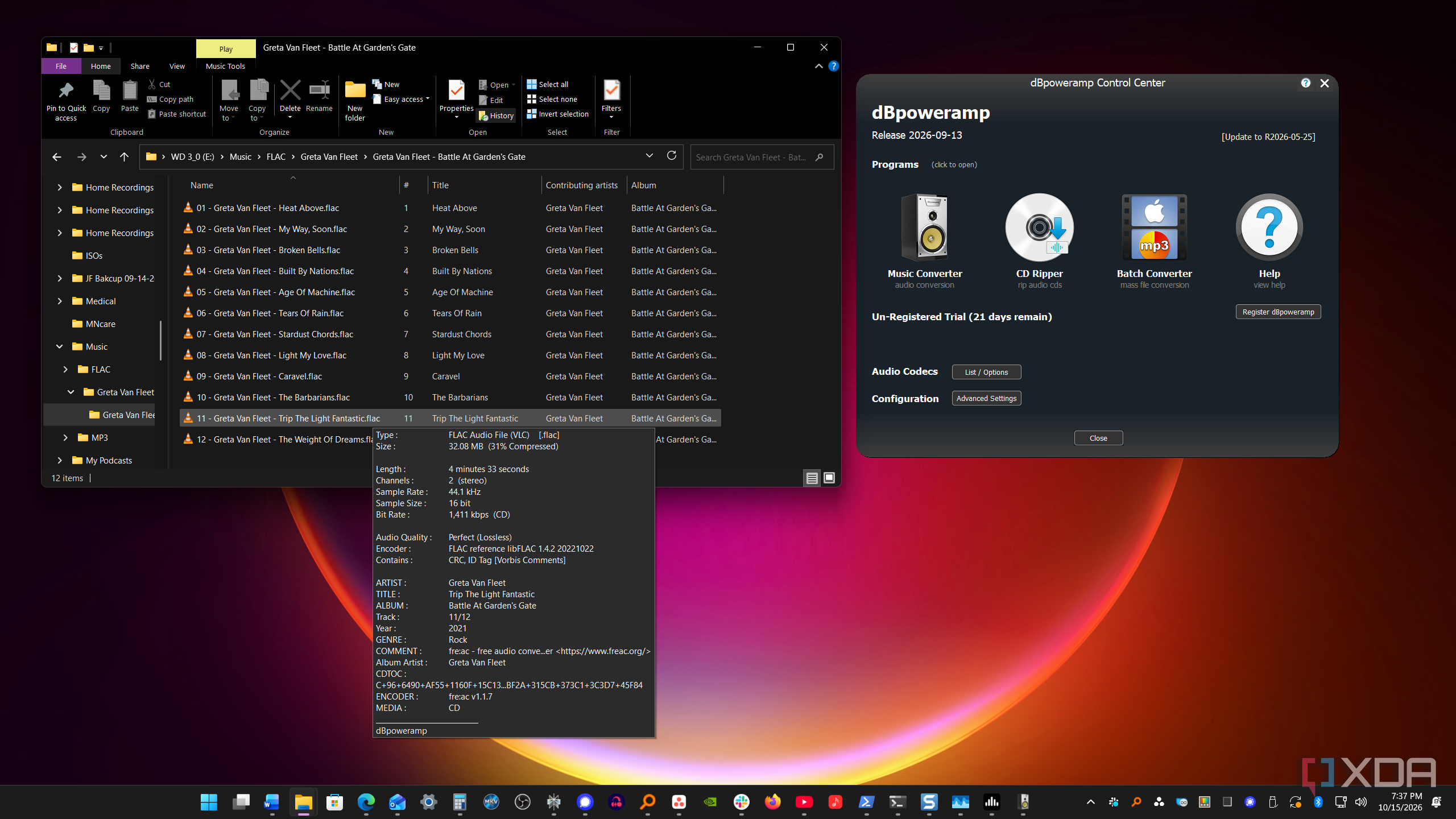 Shows FLAC files in File Explorer and DbPoweramp ready to run