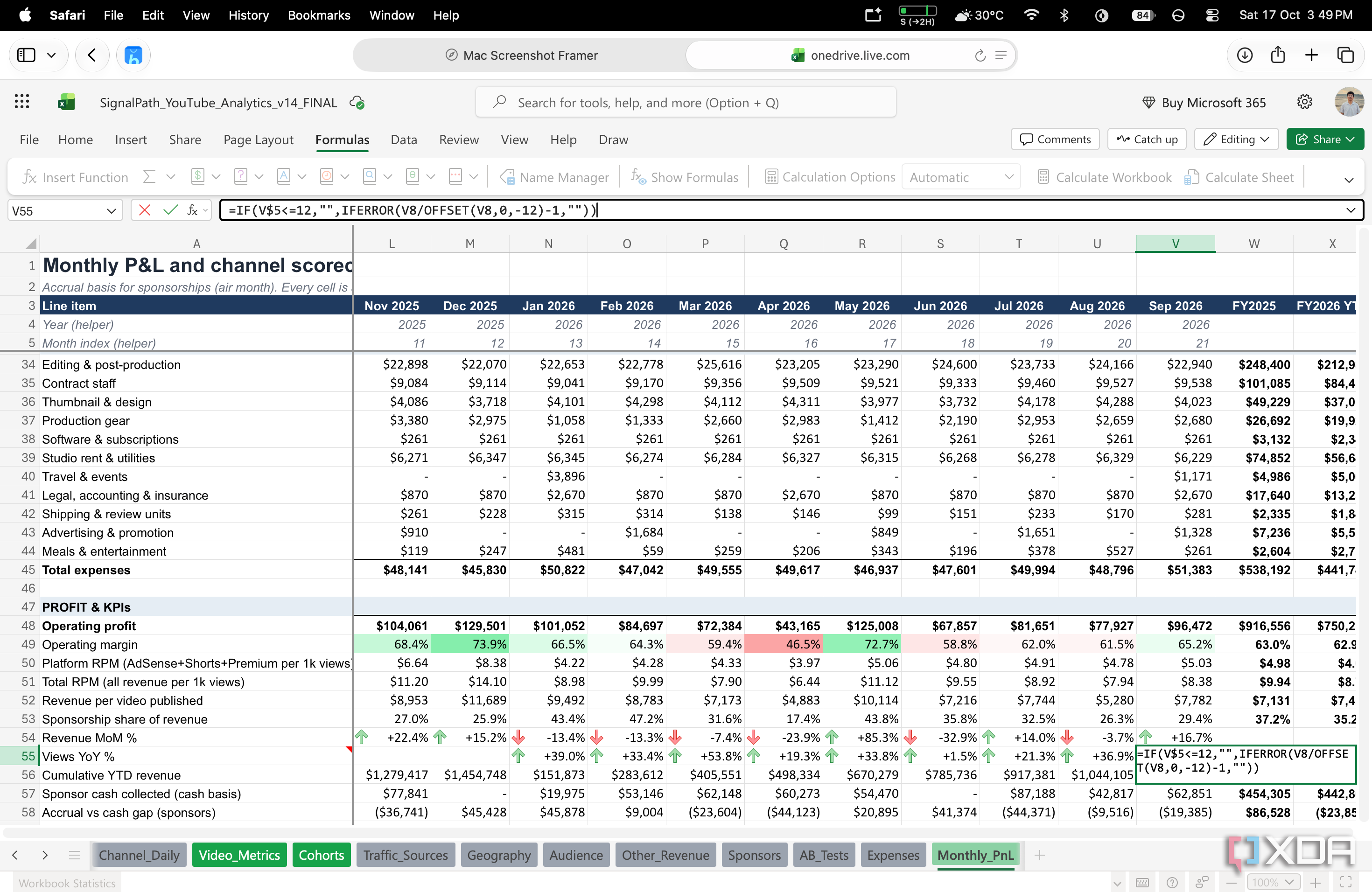 excel monthly profit and loss sheet showing an offset formula that calculates year over year view growth
