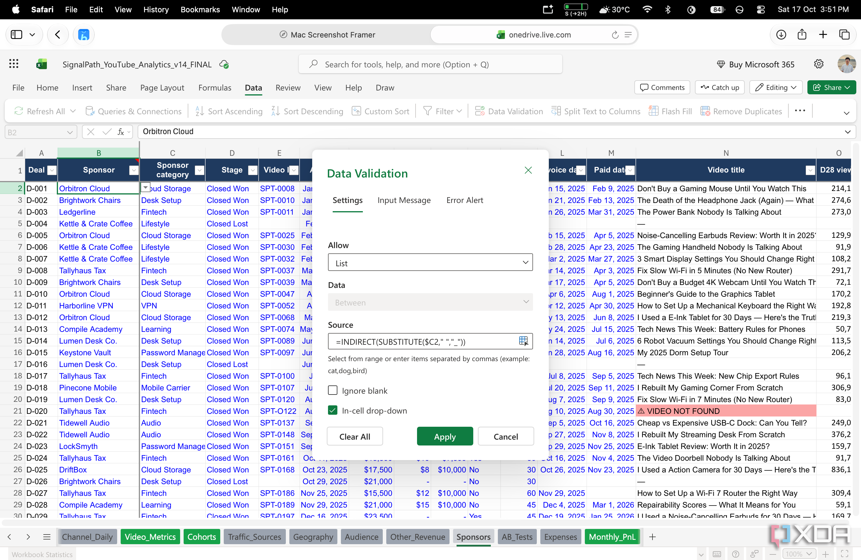 excel data validation dialog with an indirect formula driving a dependent sponsor dropdown