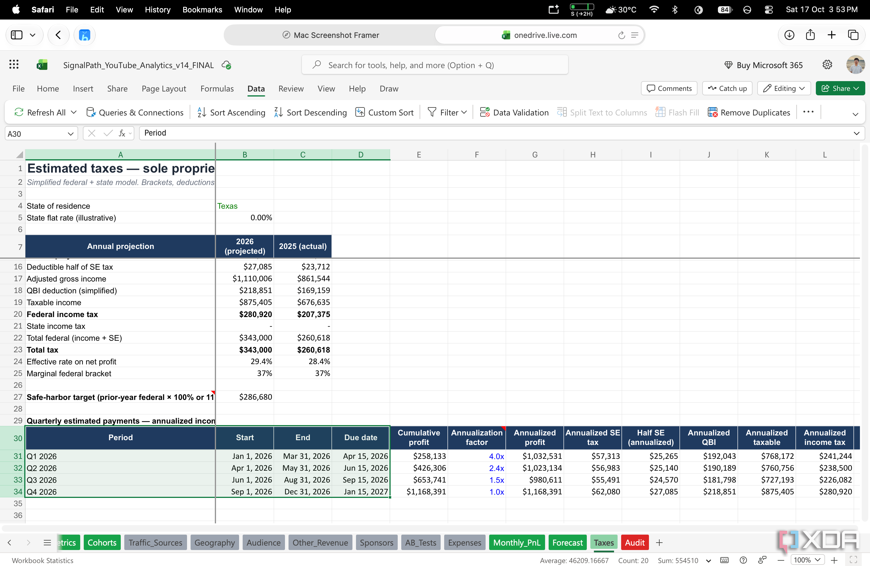 excel tax sheet with quarterly estimated payment periods of three, two, three, and four months