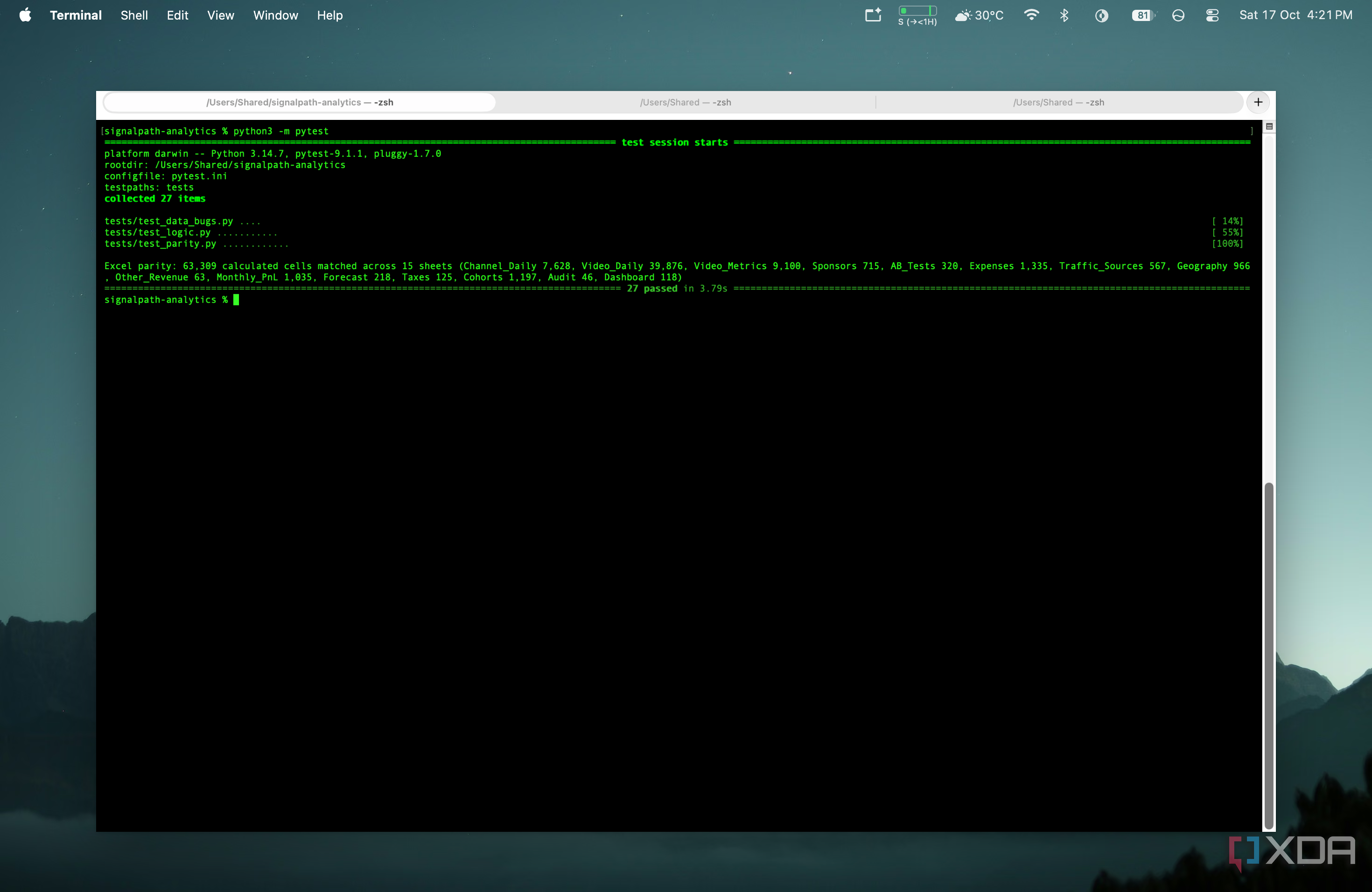 terminal window showing 27 tests passed and 63309 excel cells matched