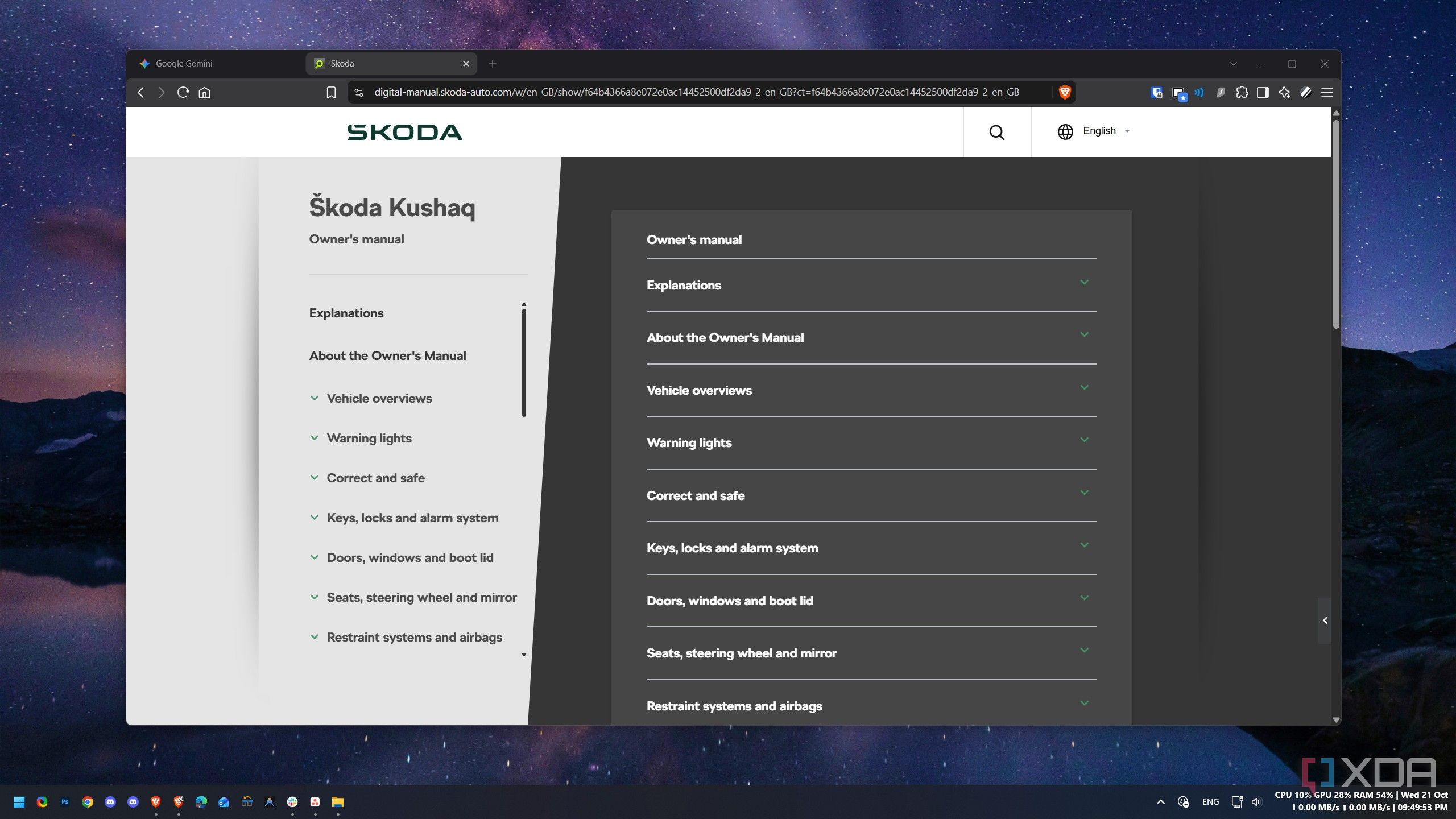 Skoda’s online owner’s manual viewer for the Kushaq, with collapsed chapter headings