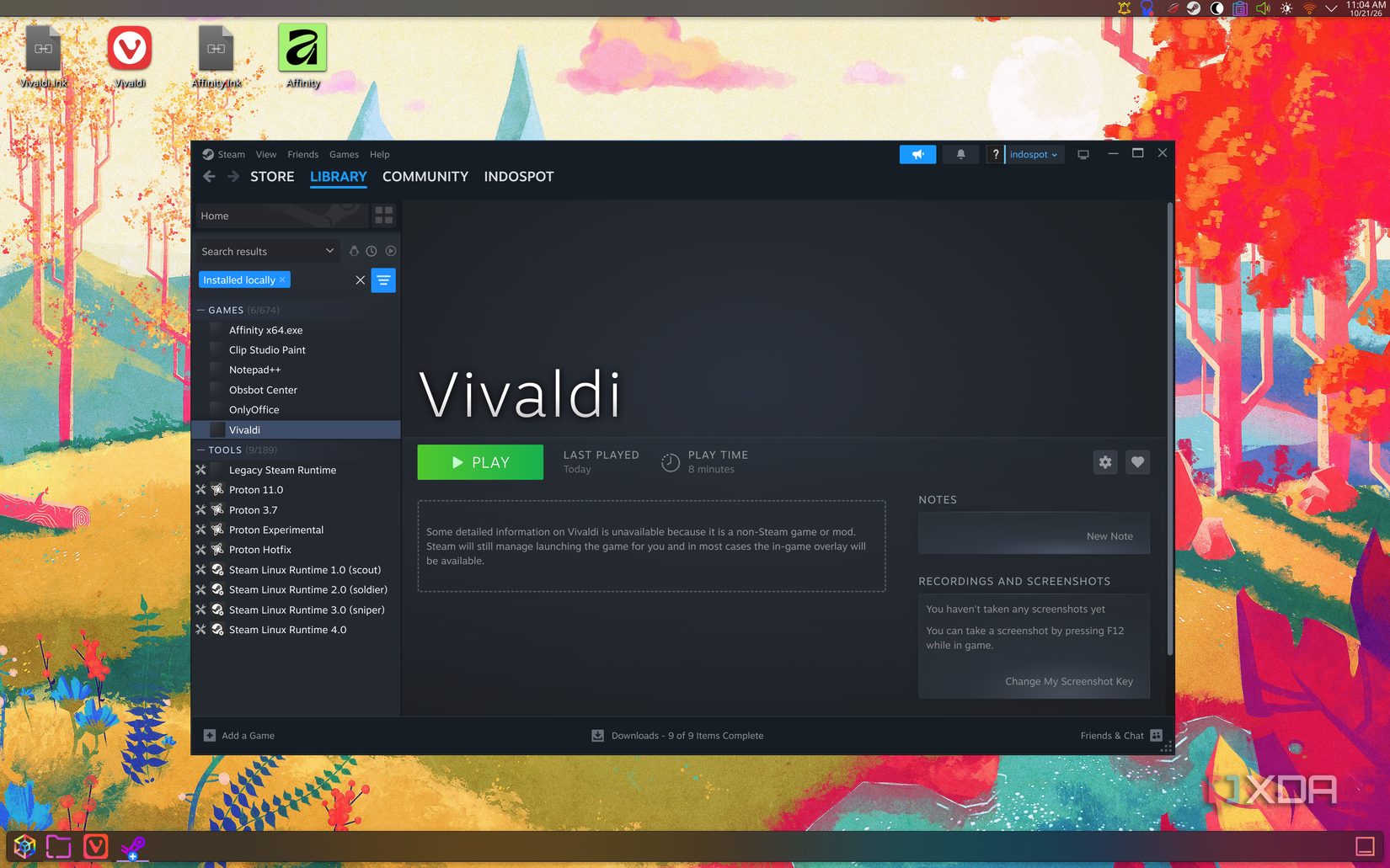 Screenshot of the library page on Steam showing various Windows apps and Proton versions installed