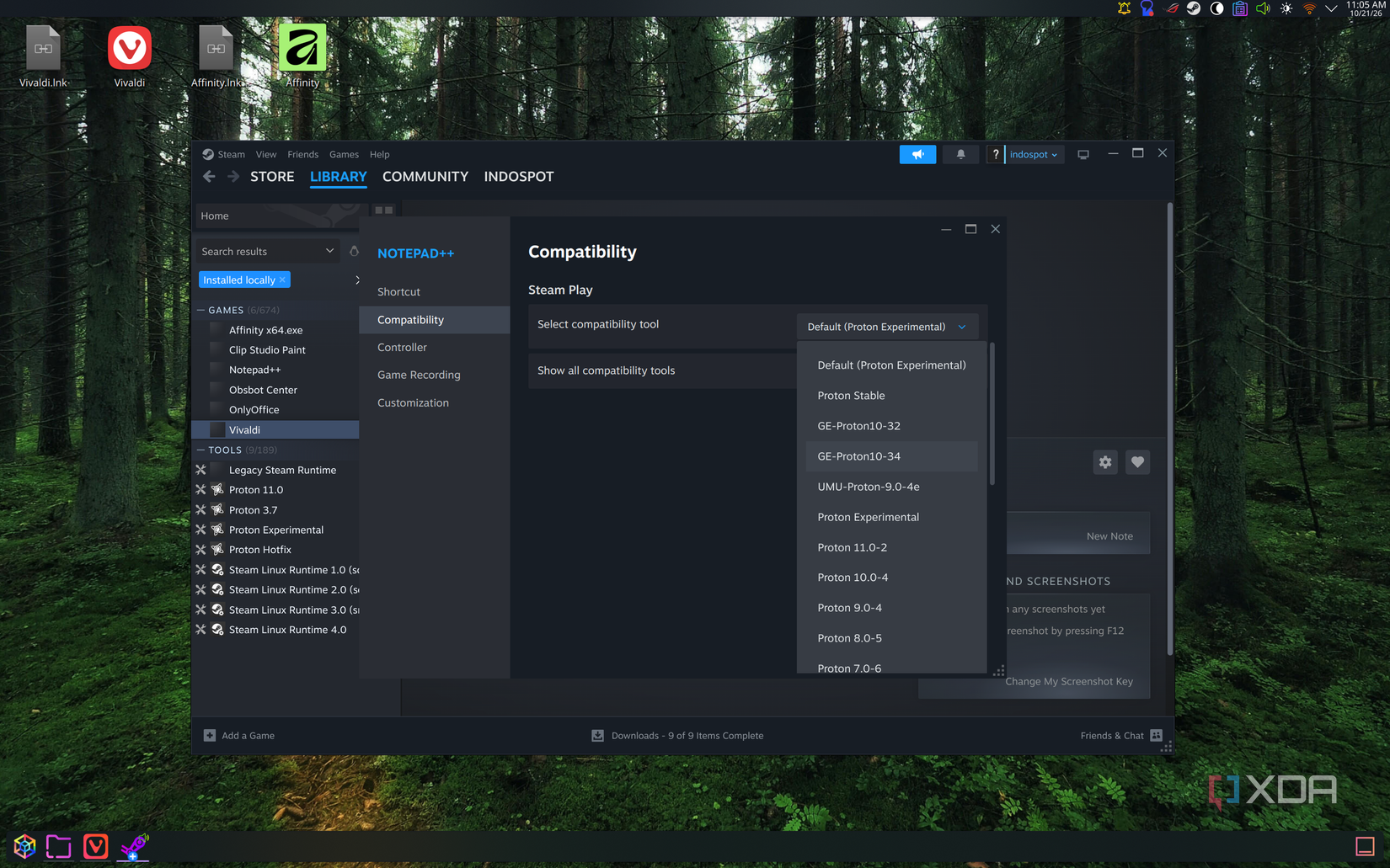 Screenshot of the compatibility page for a Steam game, showing multiple versions of Proton availale to provide support for a Windows app