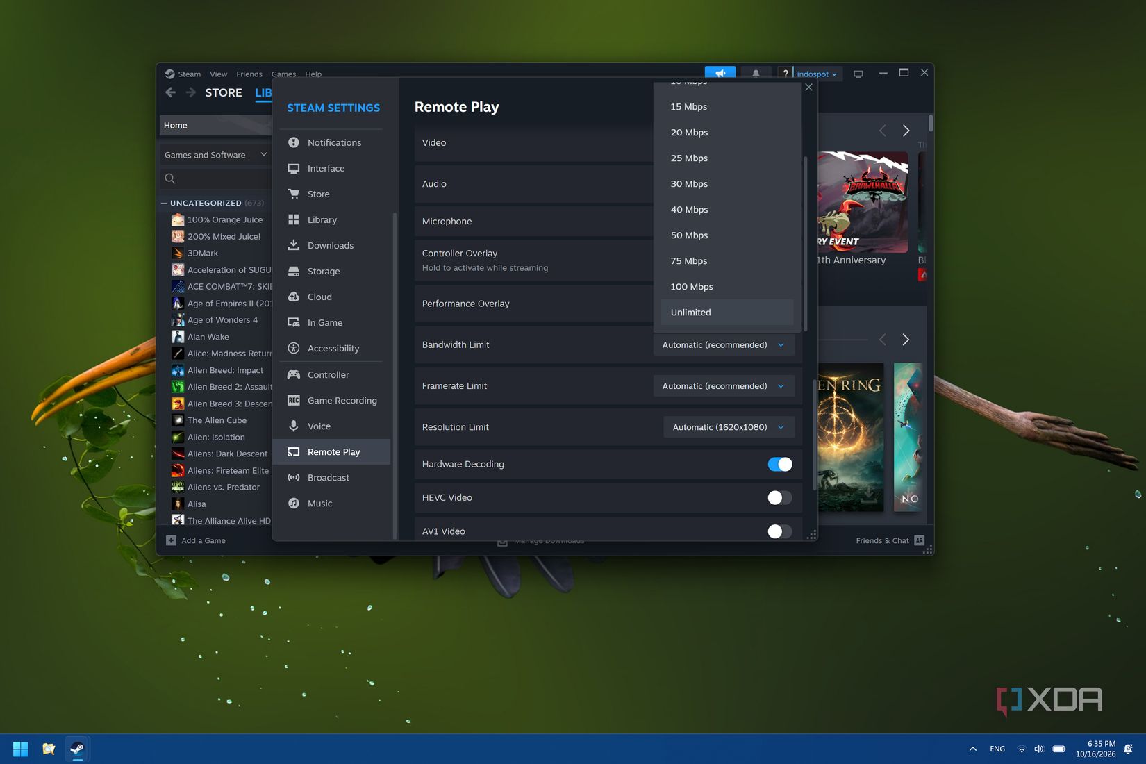 Screenshot of Steam Remote Play settings showing bandwidth limit options
