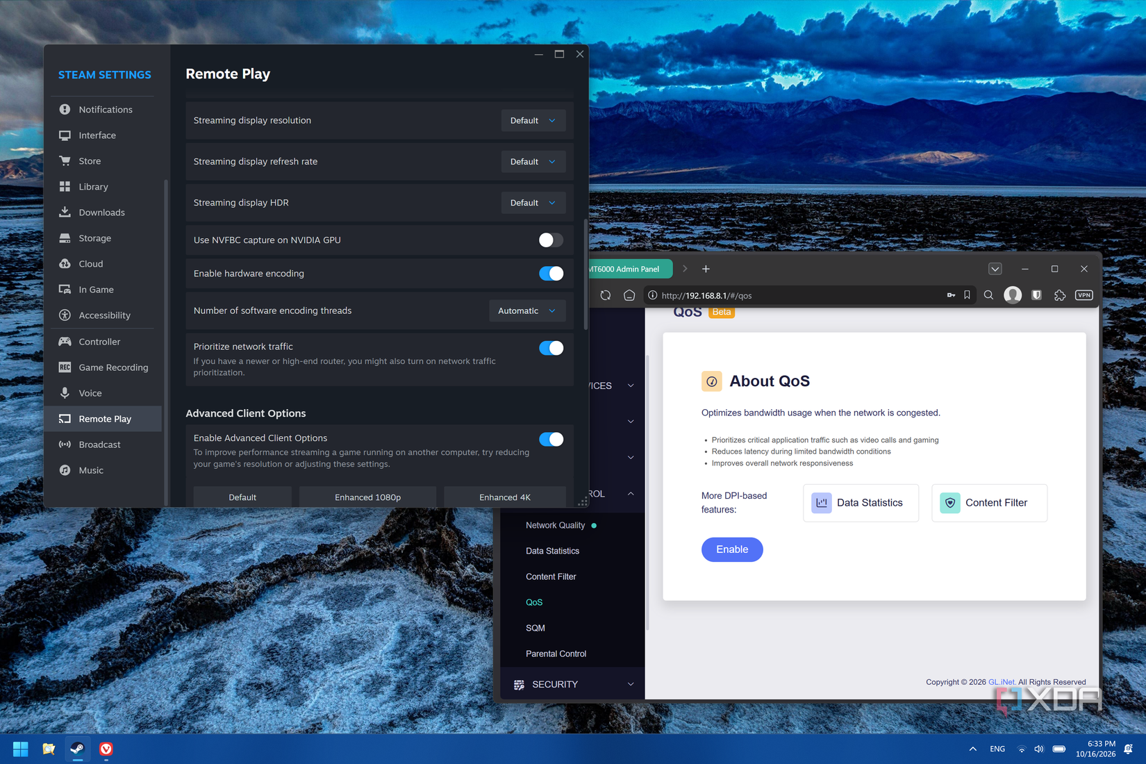 Screenshot of Steam Remote Play settings showing prioritize network traffic is enabled next to a router configuration window showing QoS settings