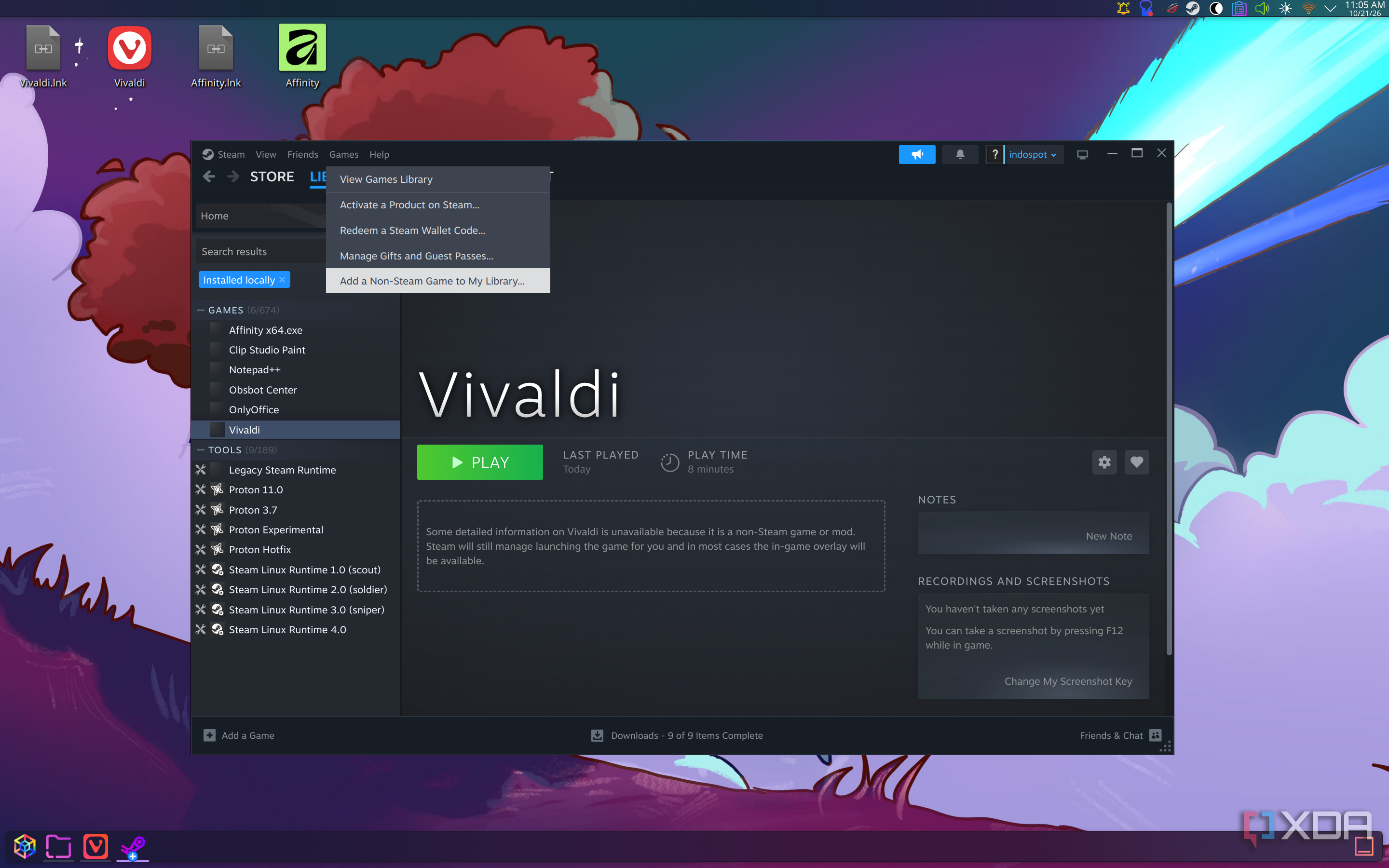 Screenshot of Steam on Linux showing an option to add a non-Steam game to the library