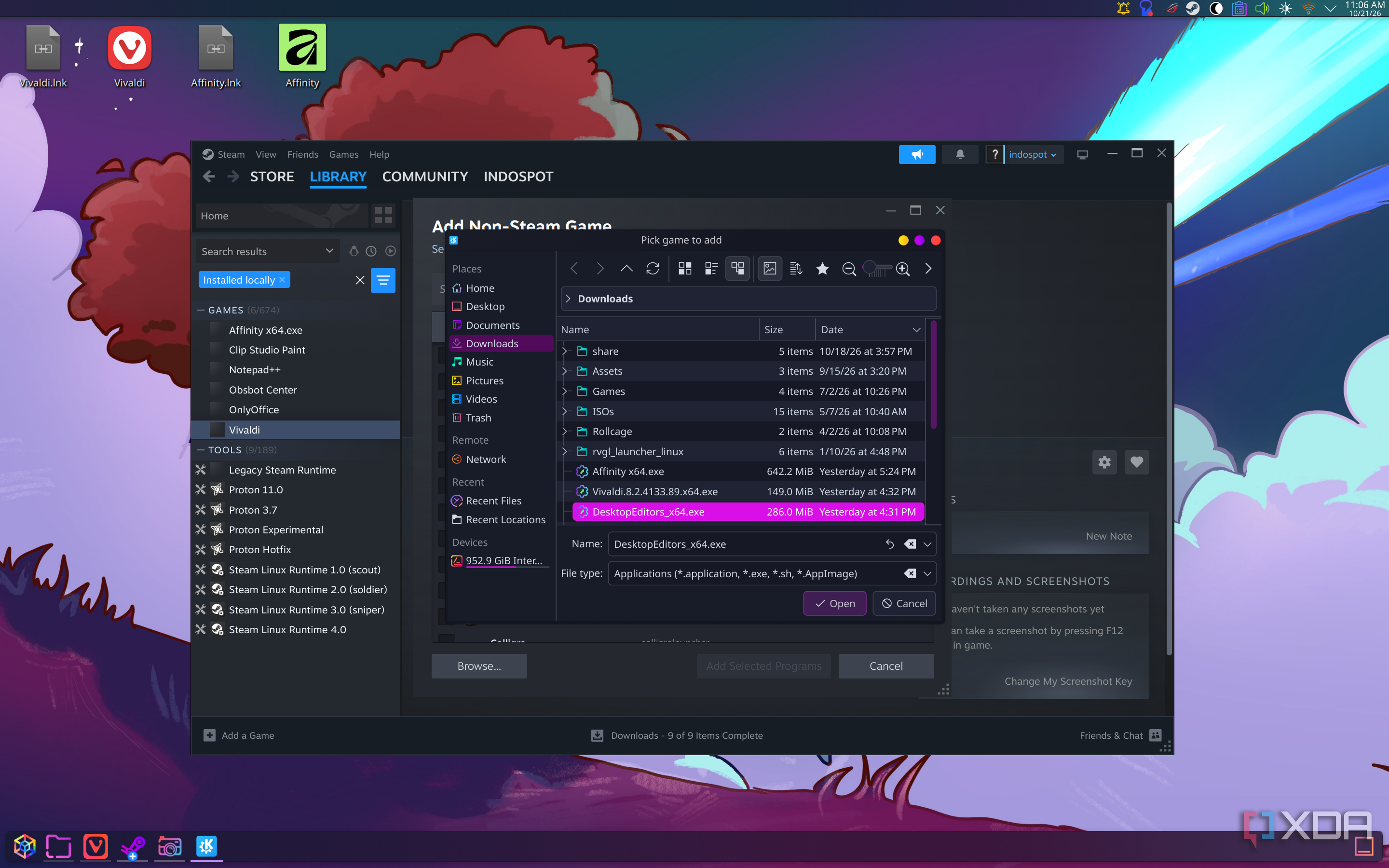 Screenshot of a file picker selecting a Windows app installer to launch within Steam