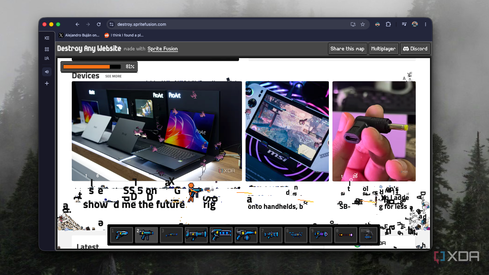 Stick figure shooting XDA's Devices section with pixel debris at 81% in Destroy Any Website
