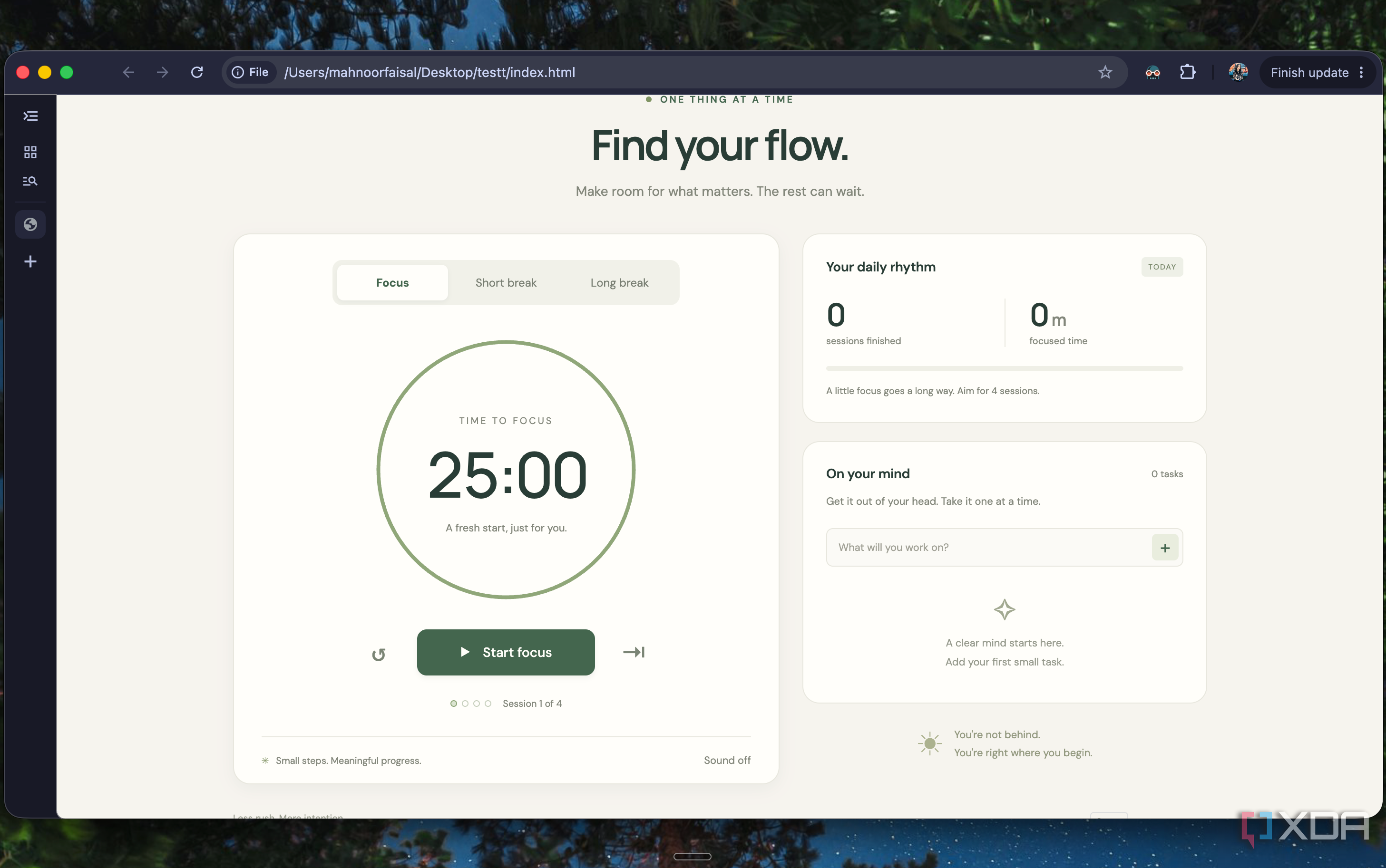 Still pomodoro app in Chrome showing a 25 minute focus timer ready to start