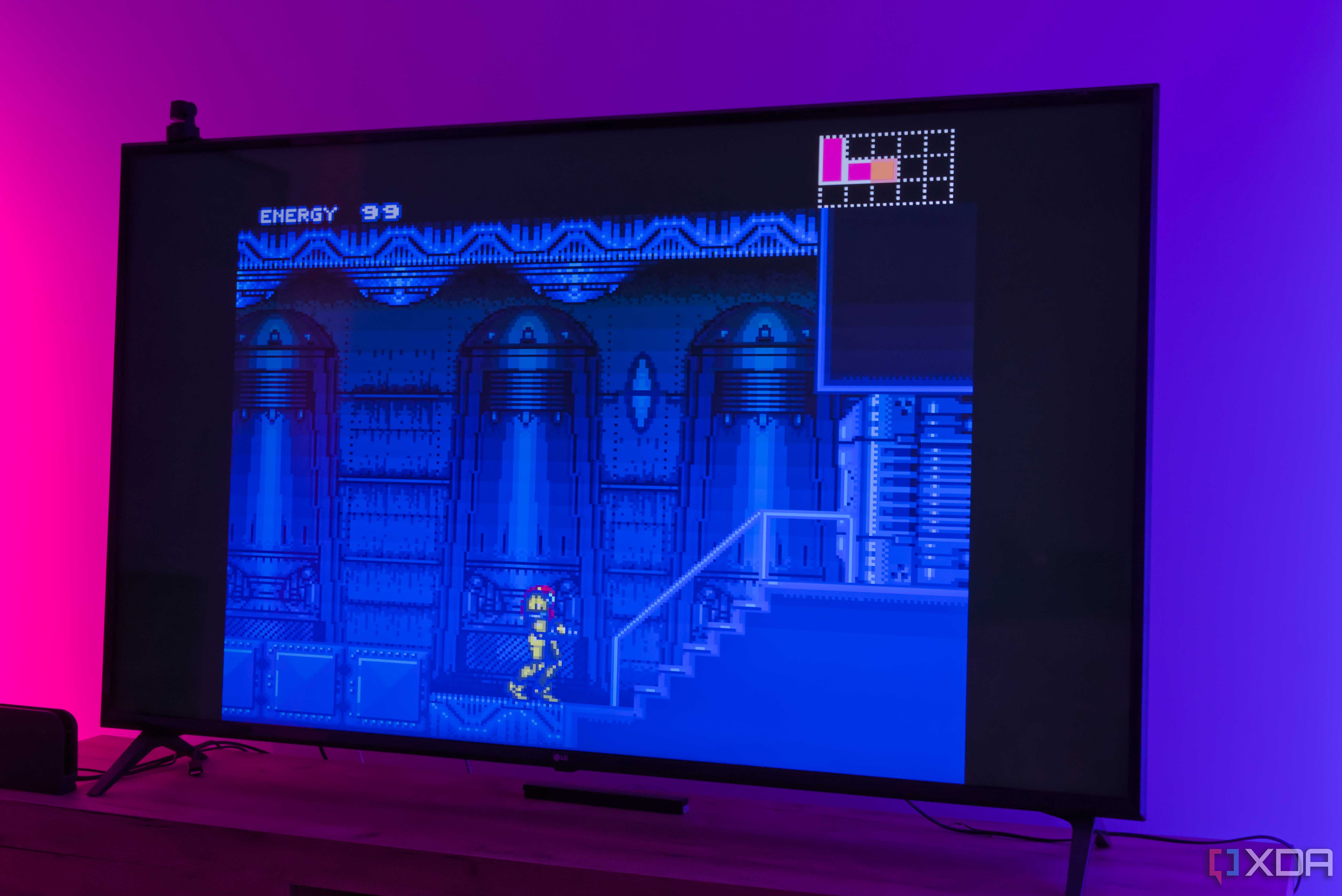 A TV displaying a level in Super Metroid running on RetroArch