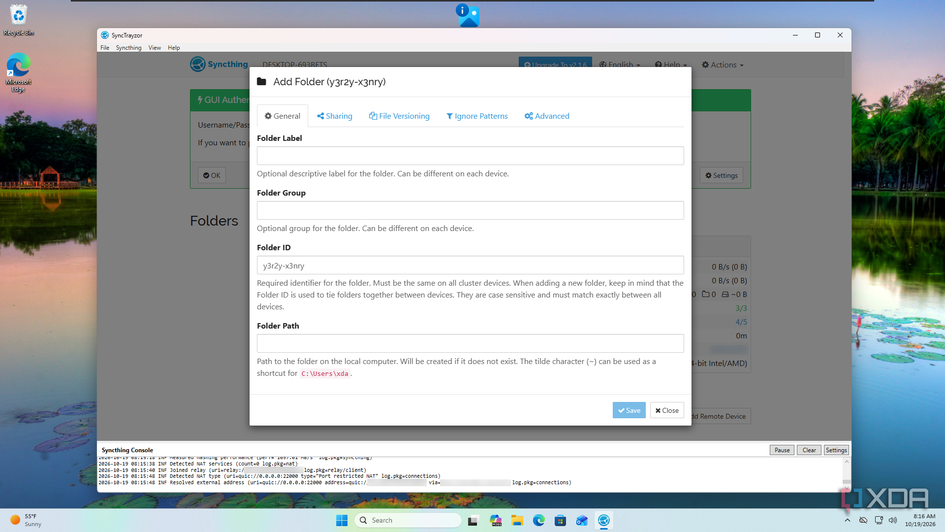 Screenshot showing the option to add a new folder in Syncthing