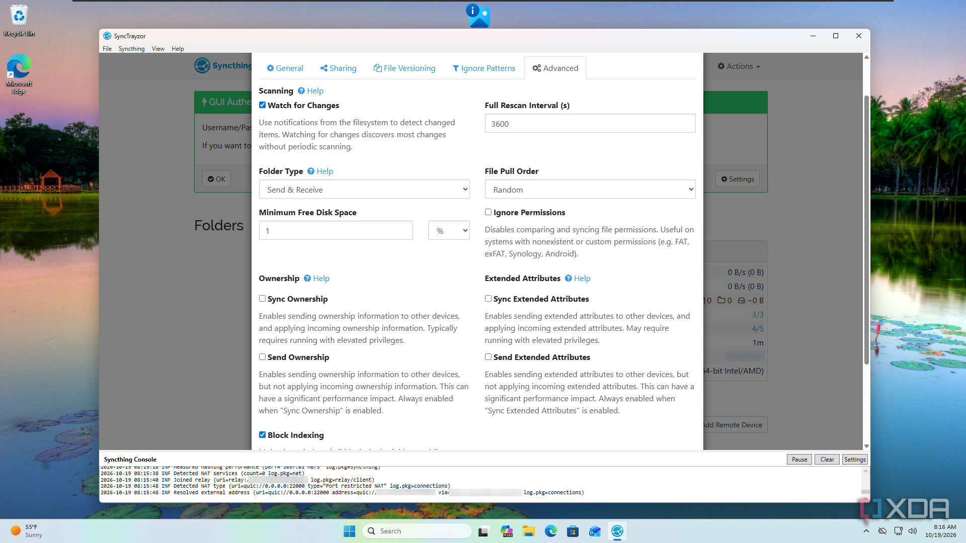 A screenshot showing the advanced configuration menu of the Syncthing app