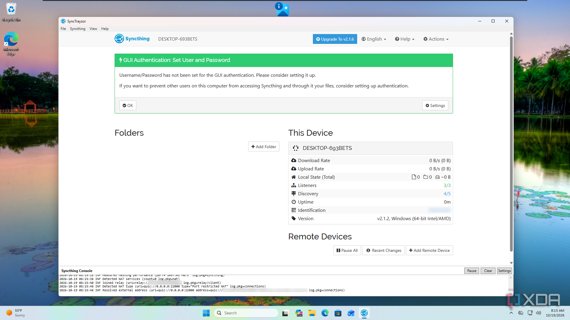 A screenshot that shows the main menu of the Syncthing app on Windows