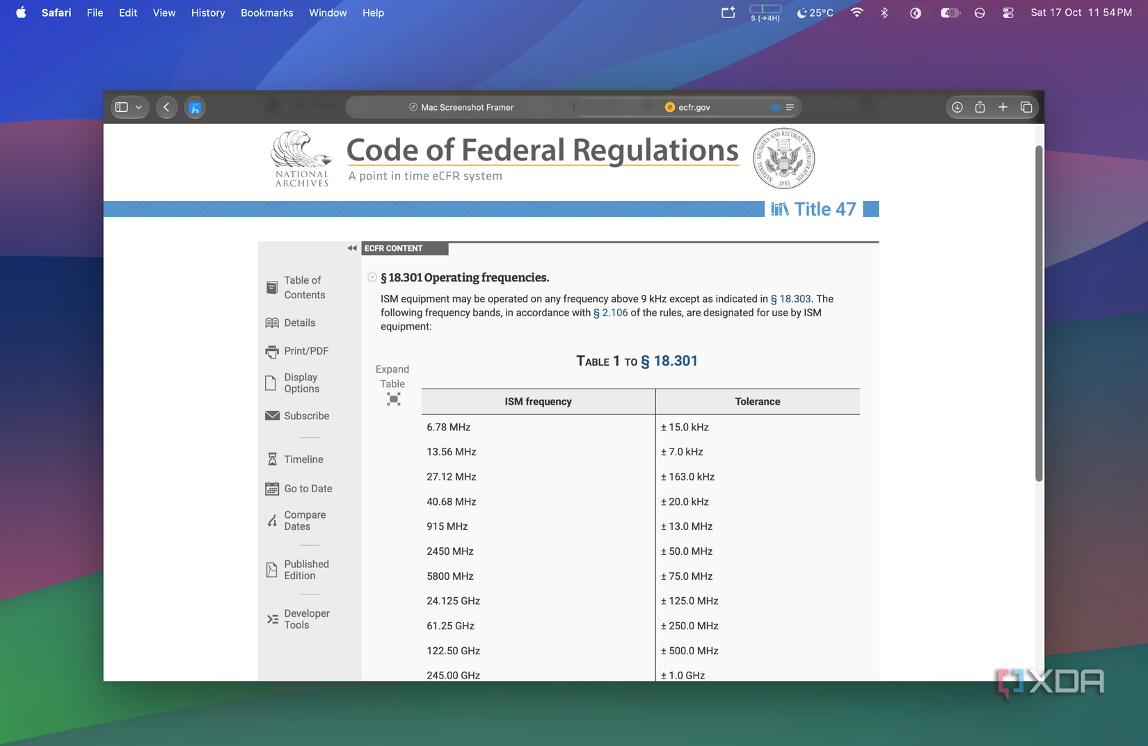 screenshot of the ecfr part 18 table listing 2450 MHz with a 50 MHz tolerance