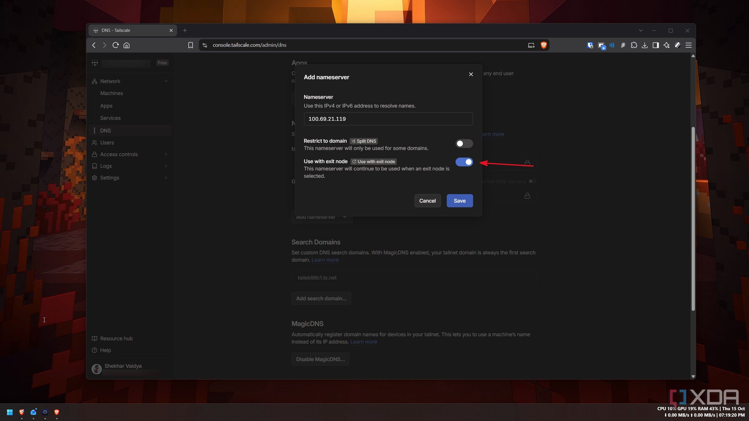 Tailscale admin dialog adding the home server as a DNS nameserver