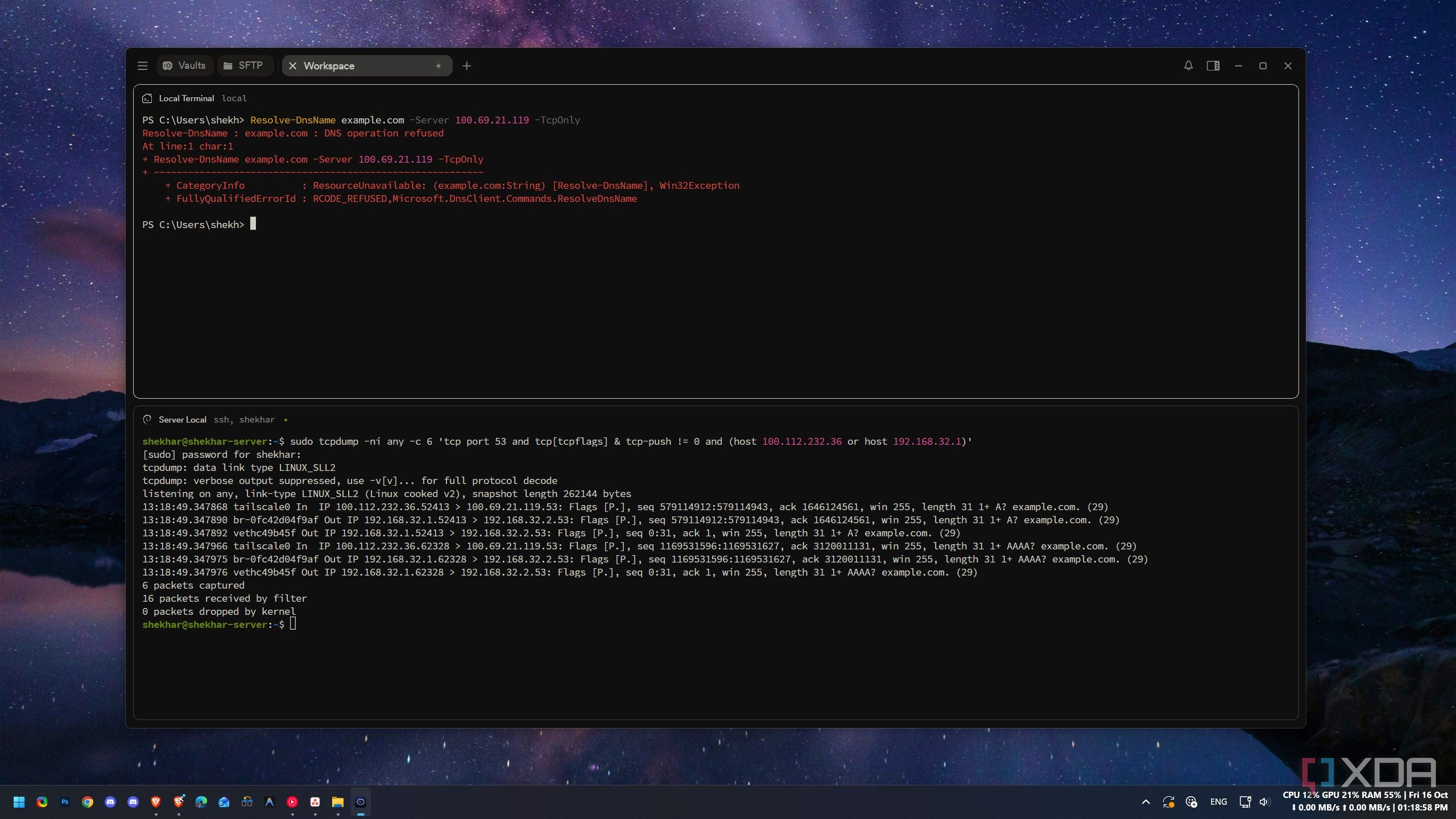 Packet capture showing a tailnet DNS query’s source rewritten to the Docker bridge address