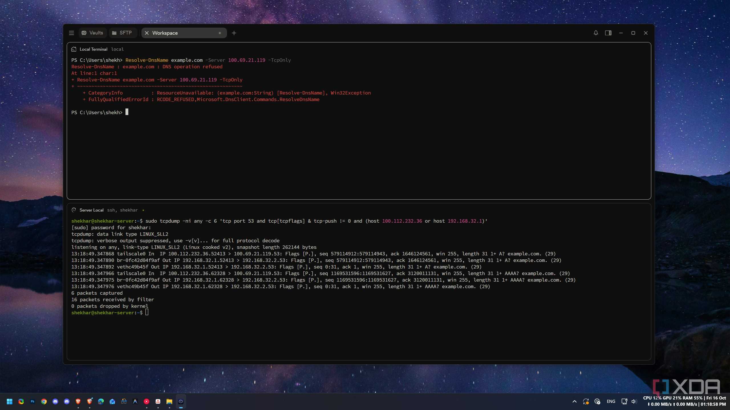 Packet capture showing a tailnet DNS query’s source rewritten to the Docker bridge address