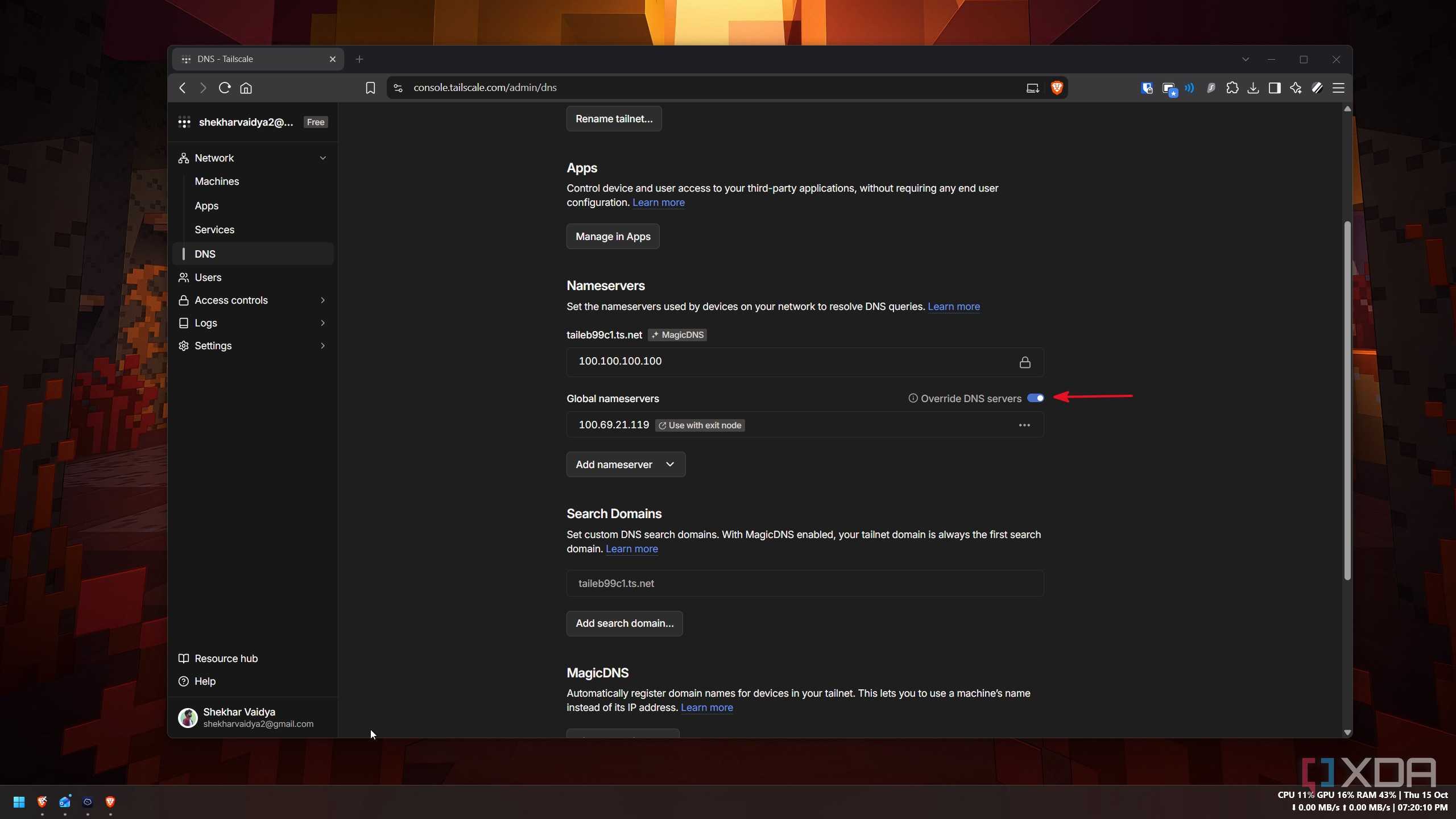 Tailscale DNS settings with override DNS servers turned on