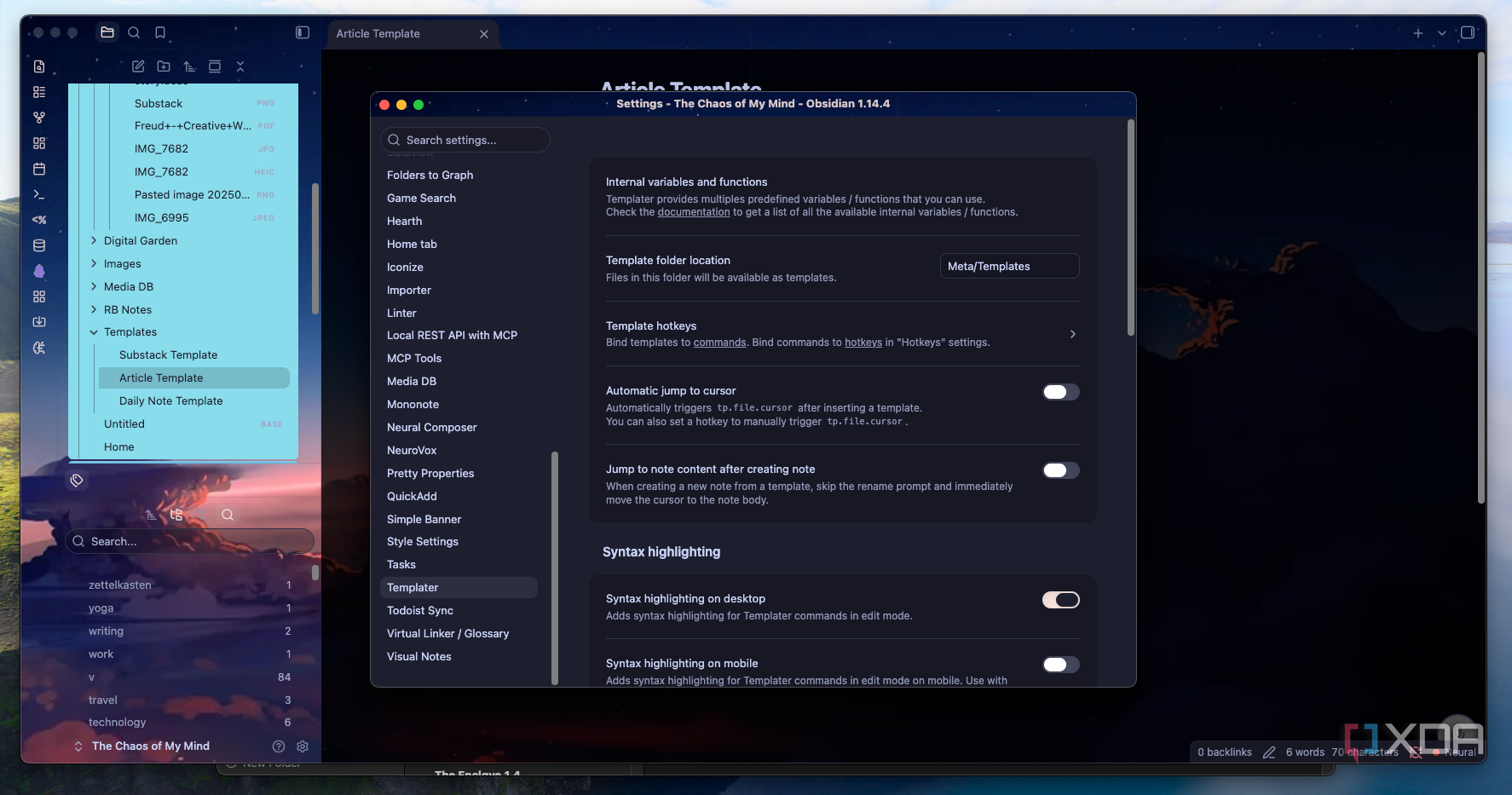 The Templater settings page