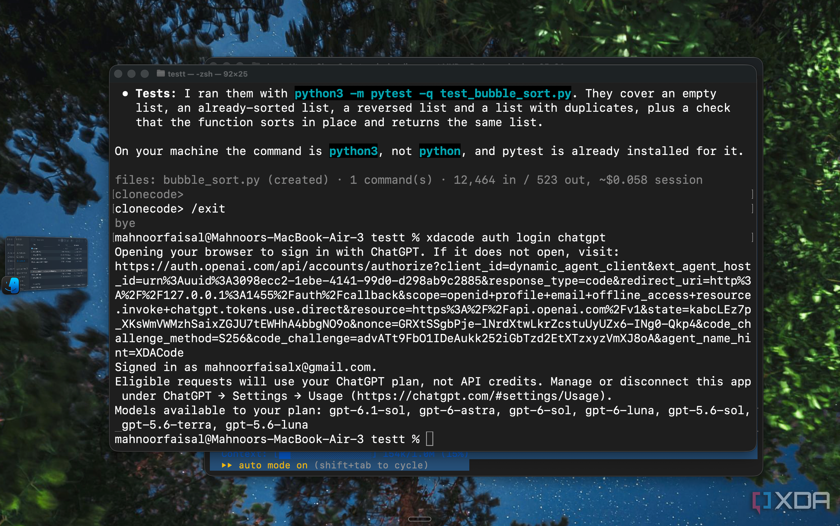 Terminal showing xdacode auth login signed in to ChatGPT and listing GPT models