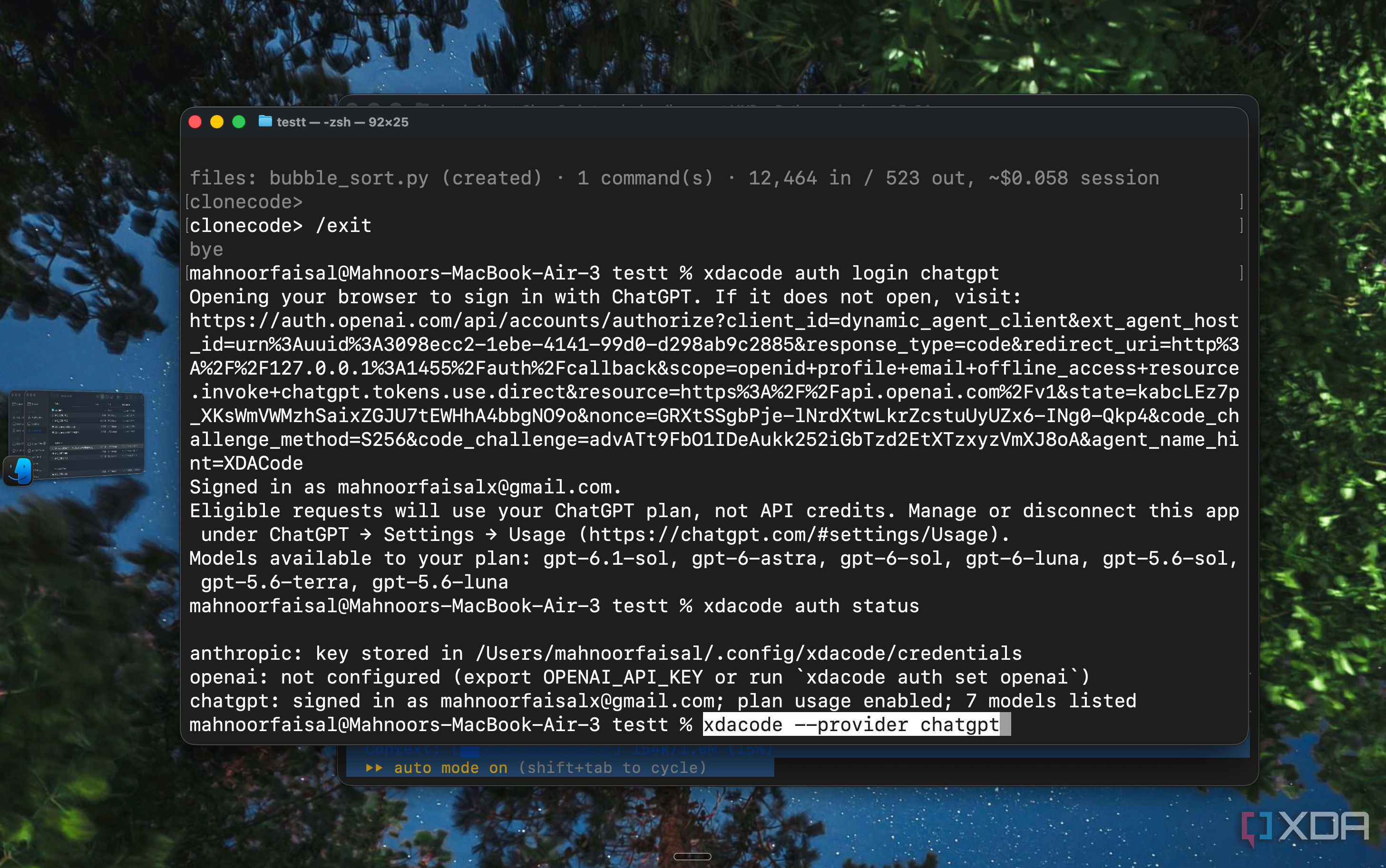 Terminal showing xdacode auth status with Anthropic key stored and ChatGPT signed in