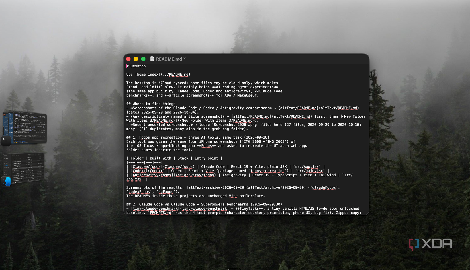 TextEdit showing the generated Desktop README with a Where to find things section