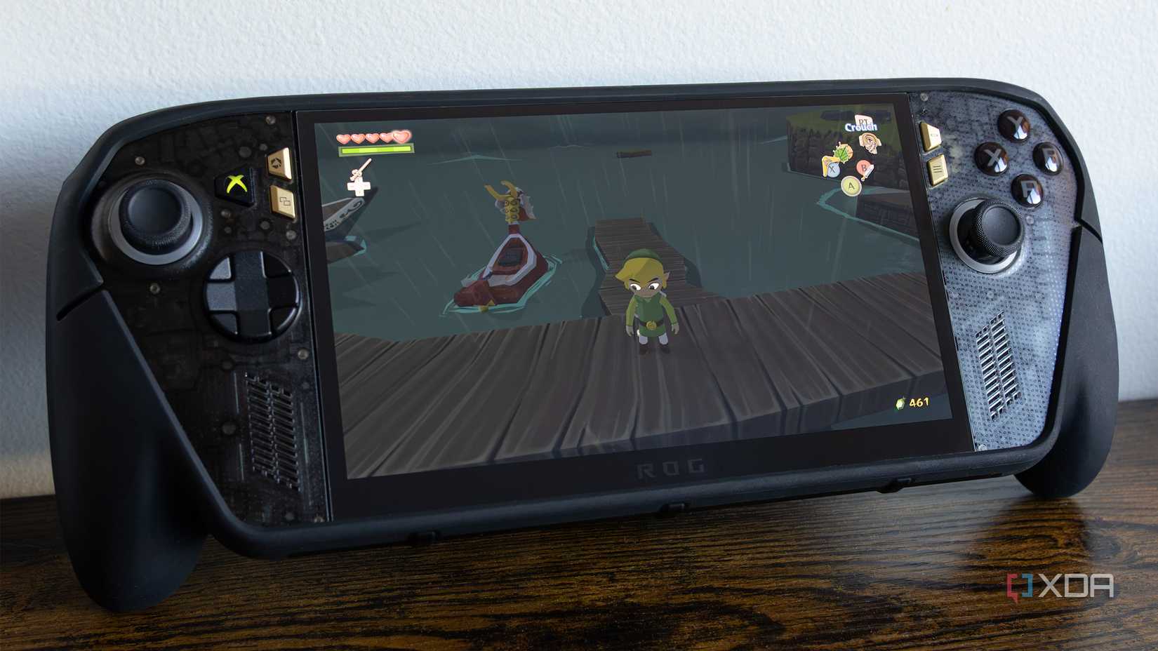 The Wind Waker HD with link on the screen on the ROG Xbox Ally X20 