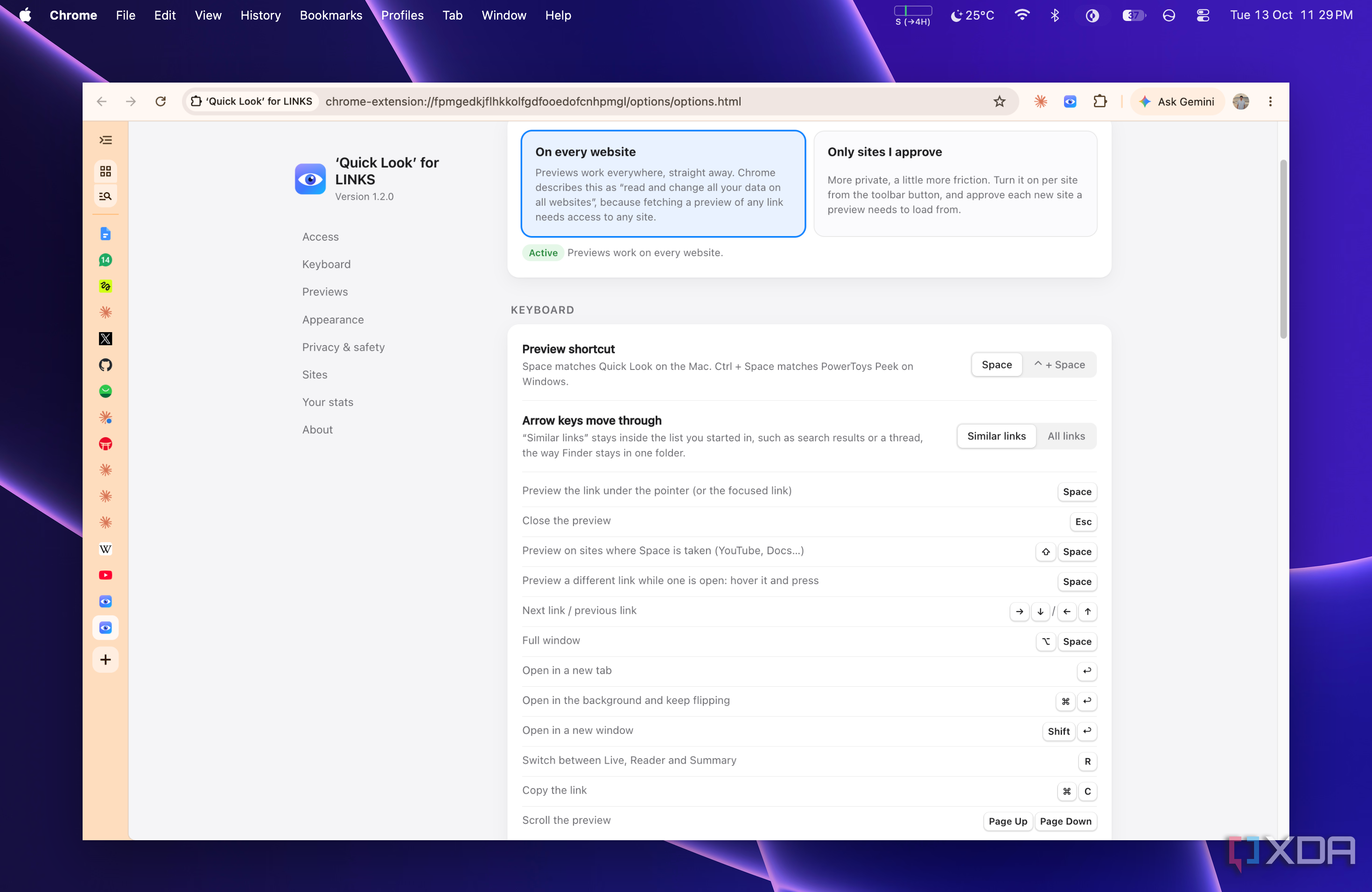 permissions on quick look browser extension