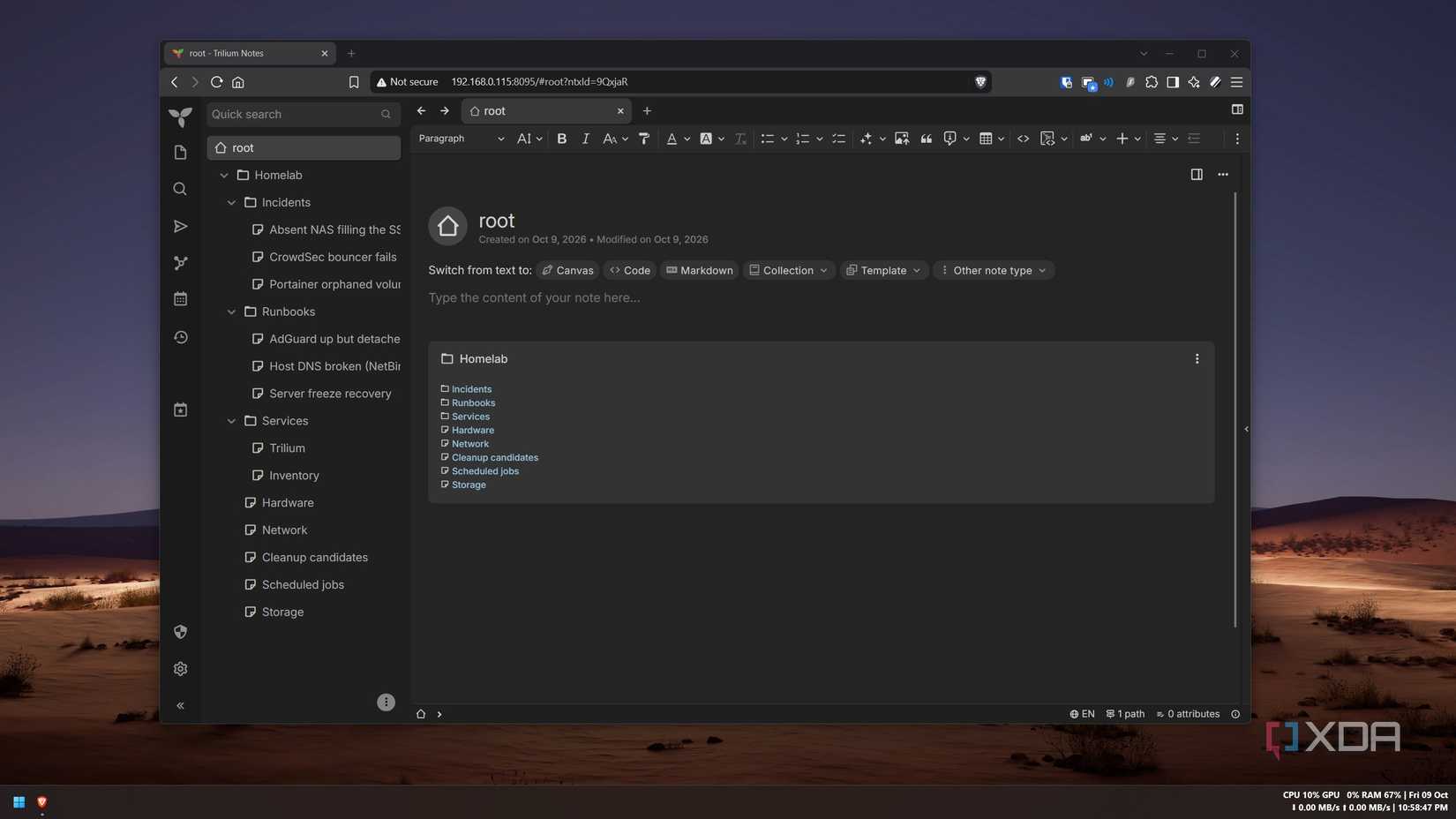 Trilium note tree with Homelab folders for Incidents, Runbooks and Services expanded