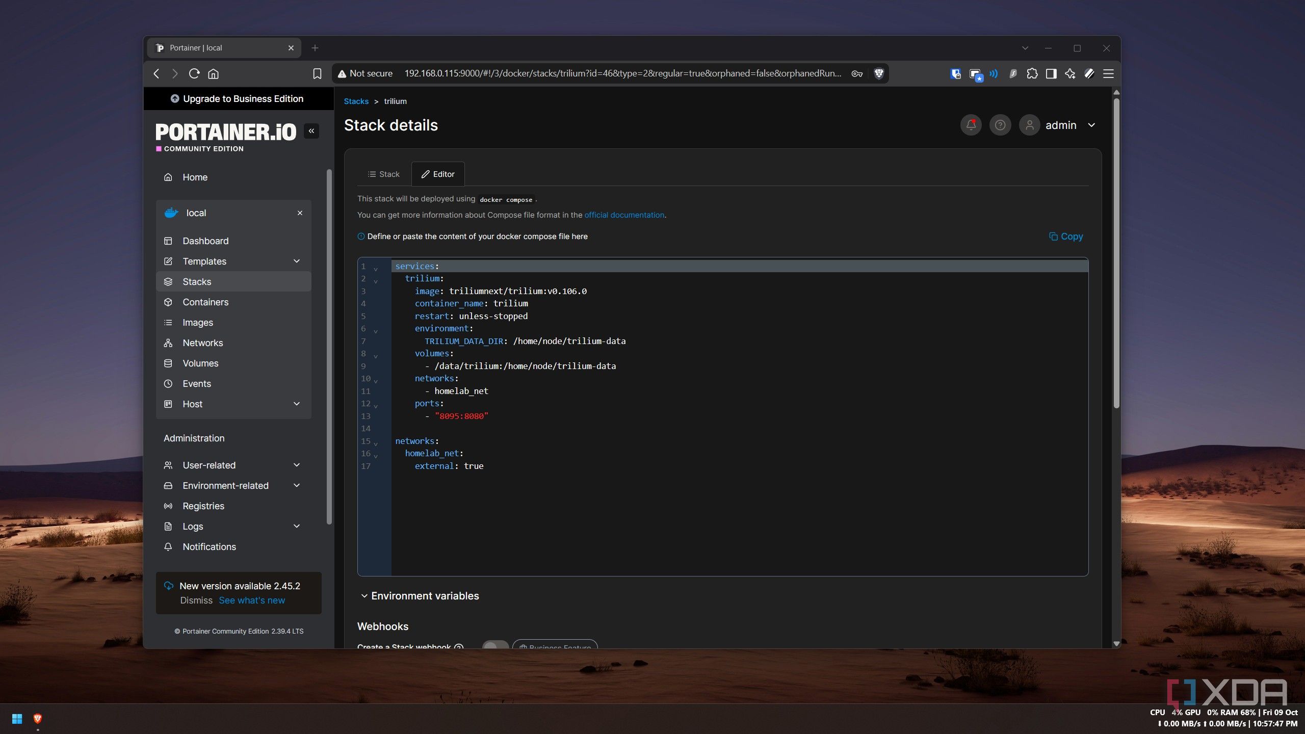 Portainer stack editor showing the Trilium compose file